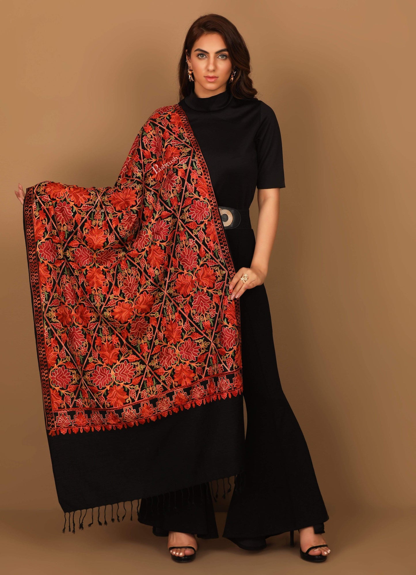 Pashtush India 70x200 Pashtush Kashmiri Aari Embroidery Stole, Fine Wool, Rich Black