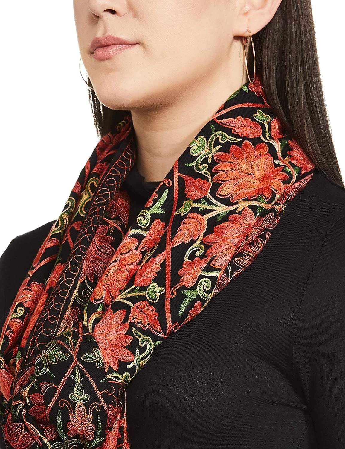 Pashtush India 70x200 Pashtush Kashmiri Aari Embroidery Stole, Fine Wool, Rich Black