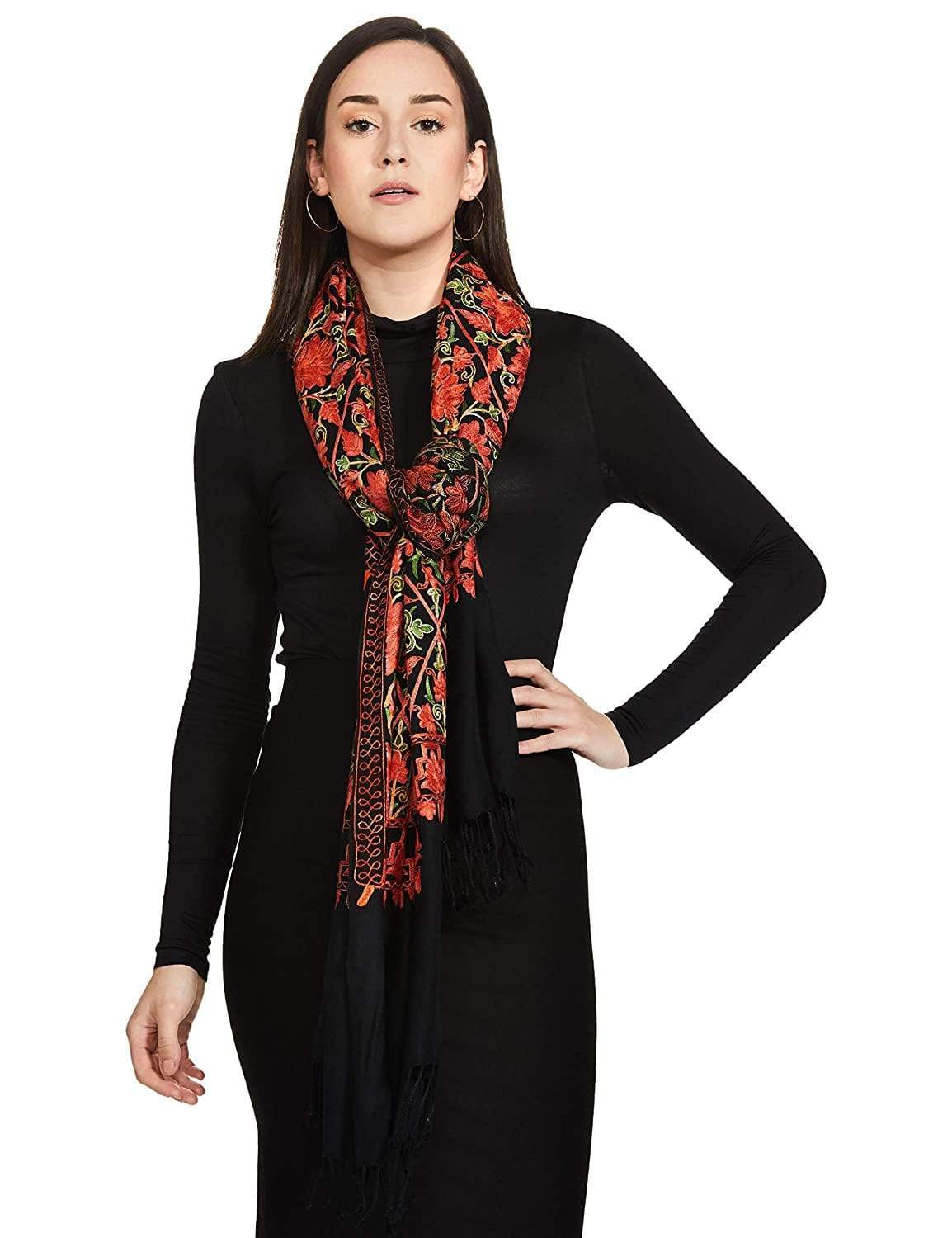 Pashtush India 70x200 Pashtush Kashmiri Aari Embroidery Stole, Fine Wool, Rich Black