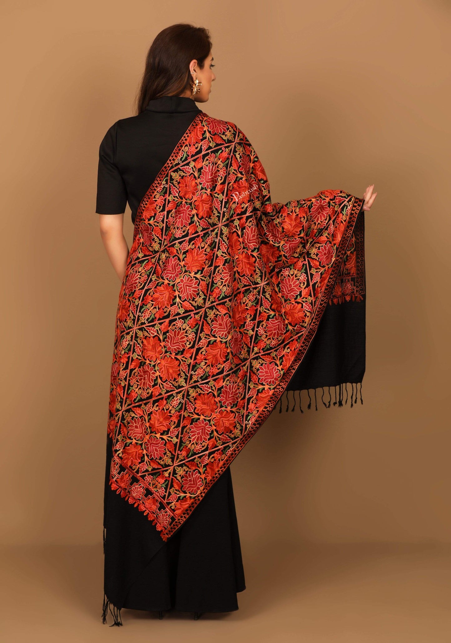 Pashtush India 70x200 Pashtush Kashmiri Aari Embroidery Stole, Fine Wool, Rich Black