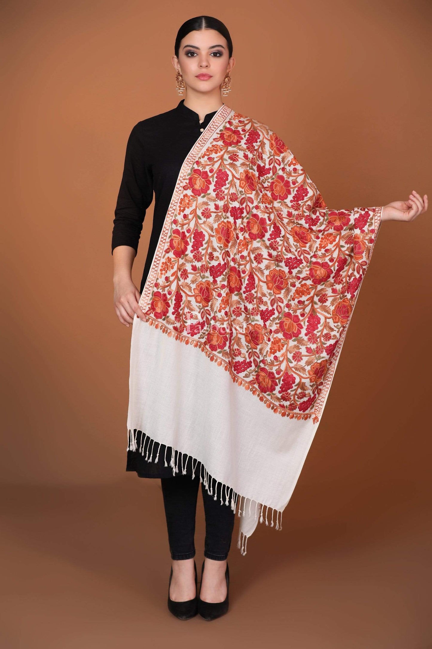 Pashtush India 70x200 Pashtush Kashmiri Aari Embroidery Stole, Fine Wool, White