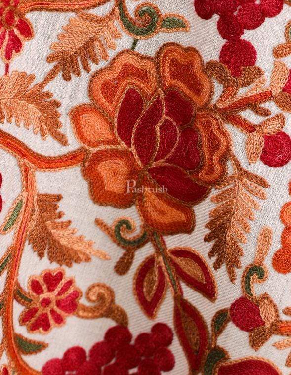 Pashtush India 70x200 Pashtush Kashmiri Aari Embroidery Stole, Fine Wool, White