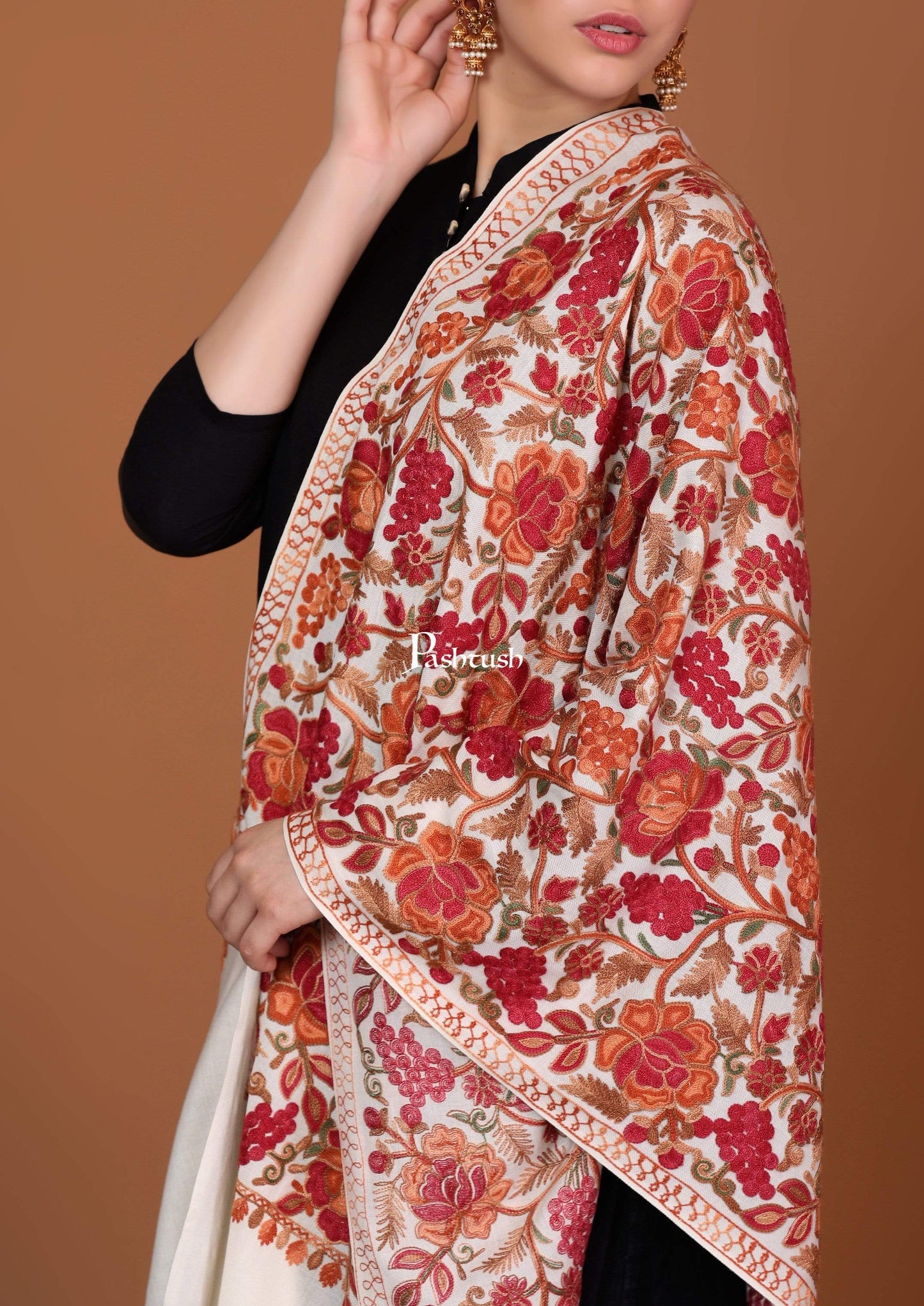 Pashtush India 70x200 Pashtush Kashmiri Aari Embroidery Stole, Fine Wool, White