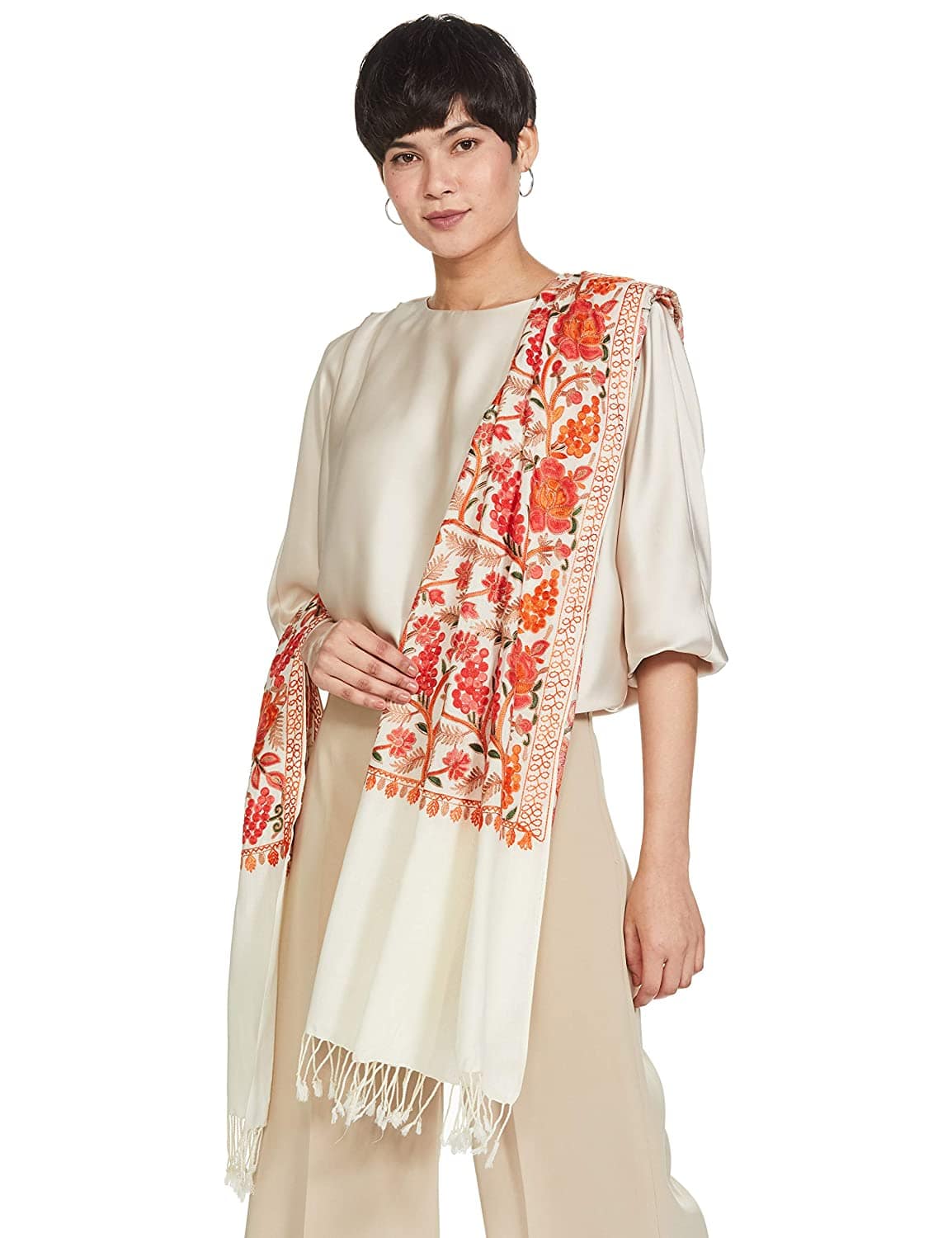 Pashtush India 70x200 Pashtush Kashmiri Aari Embroidery Stole, Fine Wool, White