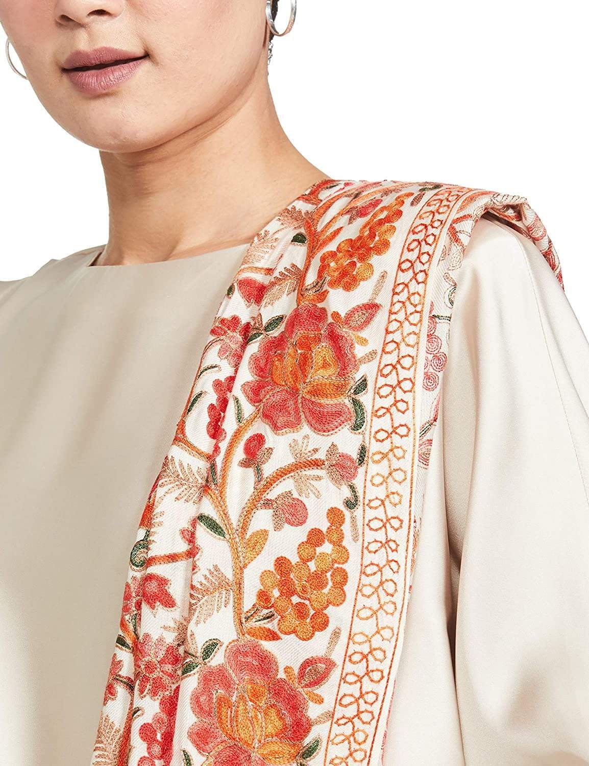 Pashtush India 70x200 Pashtush Kashmiri Aari Embroidery Stole, Fine Wool, White