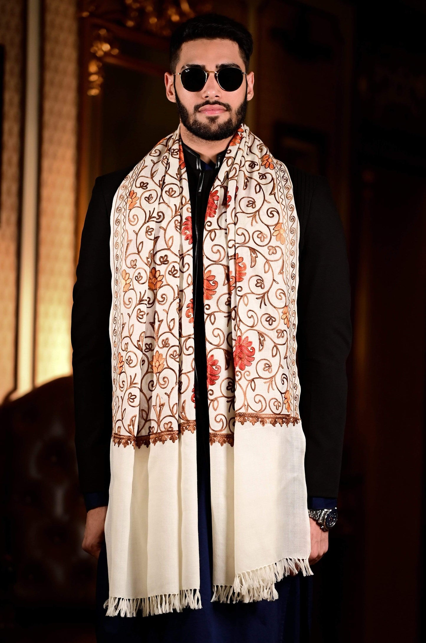 Pashtush India 70x200 Pashtush Kashmiri Aari Embroidery Stole, Fine Wool, White
