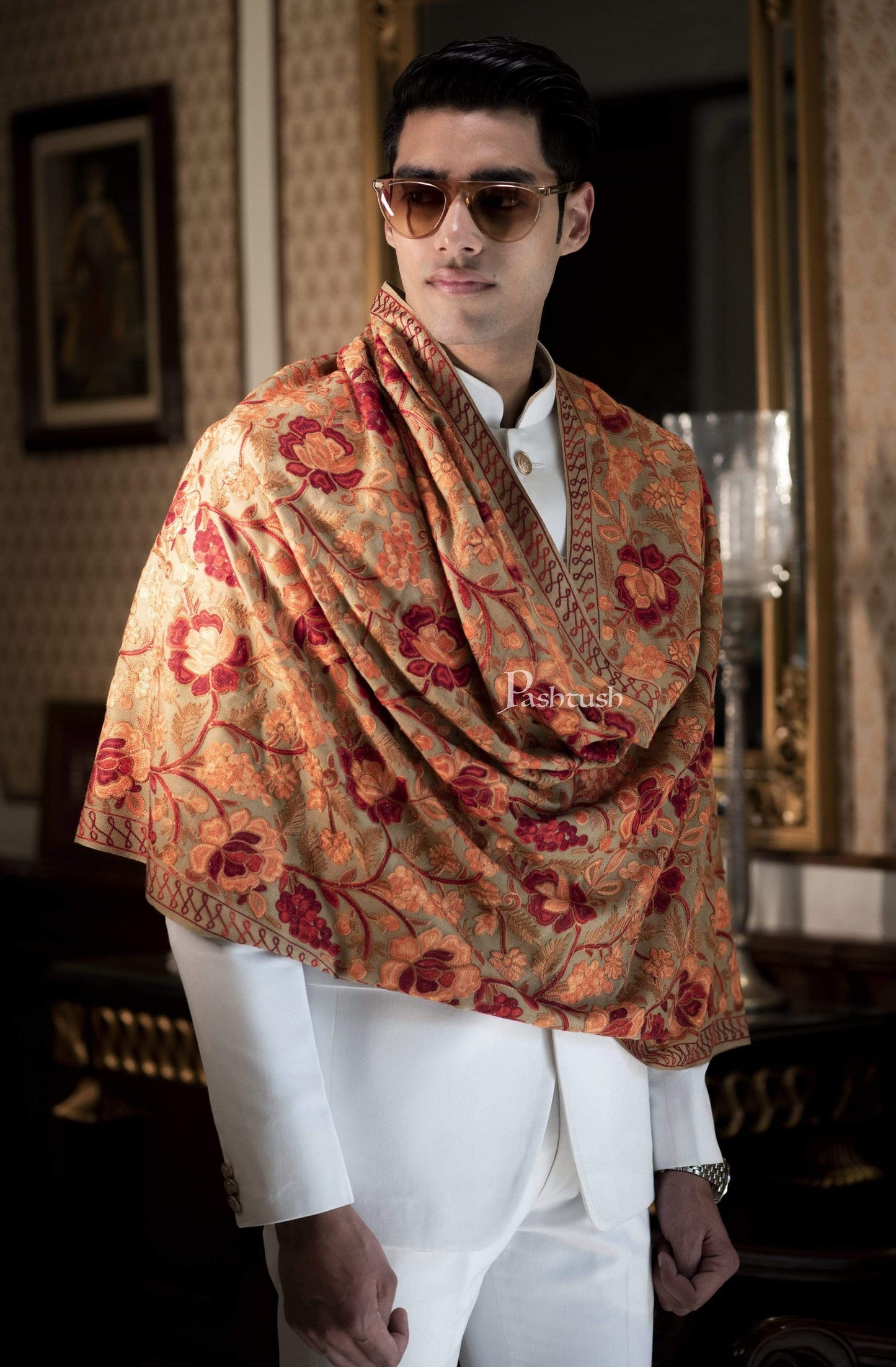 Pashtush India 70x200 Pashtush Kashmiri Mens Aari Embroidery Stole, Fine Wool, Beige