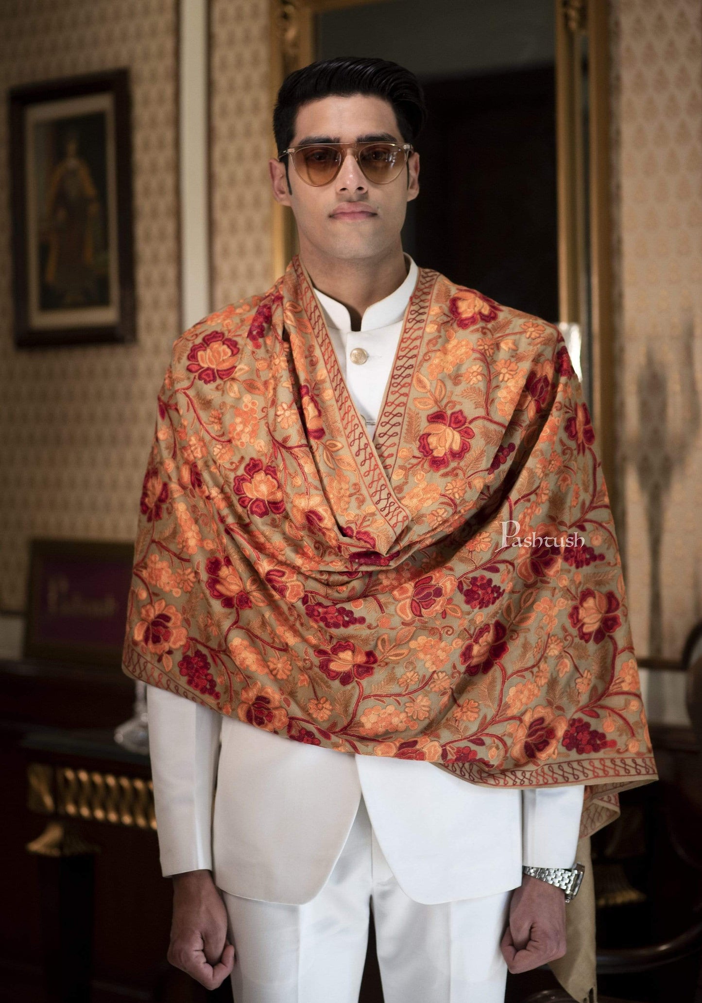 Pashtush India 70x200 Pashtush Kashmiri Mens Aari Embroidery Stole, Fine Wool, Beige