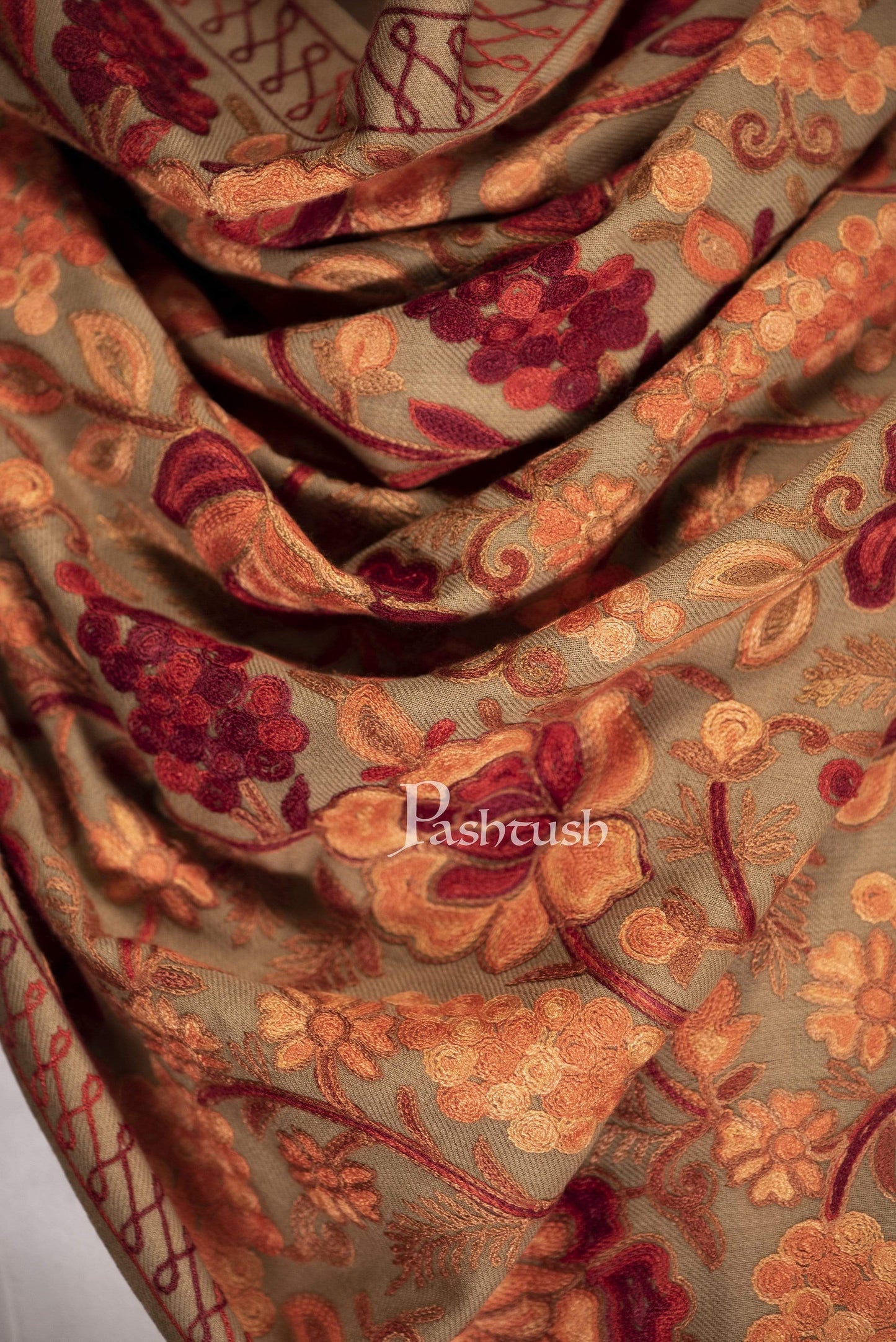 Pashtush India 70x200 Pashtush Kashmiri Mens Aari Embroidery Stole, Fine Wool, Beige