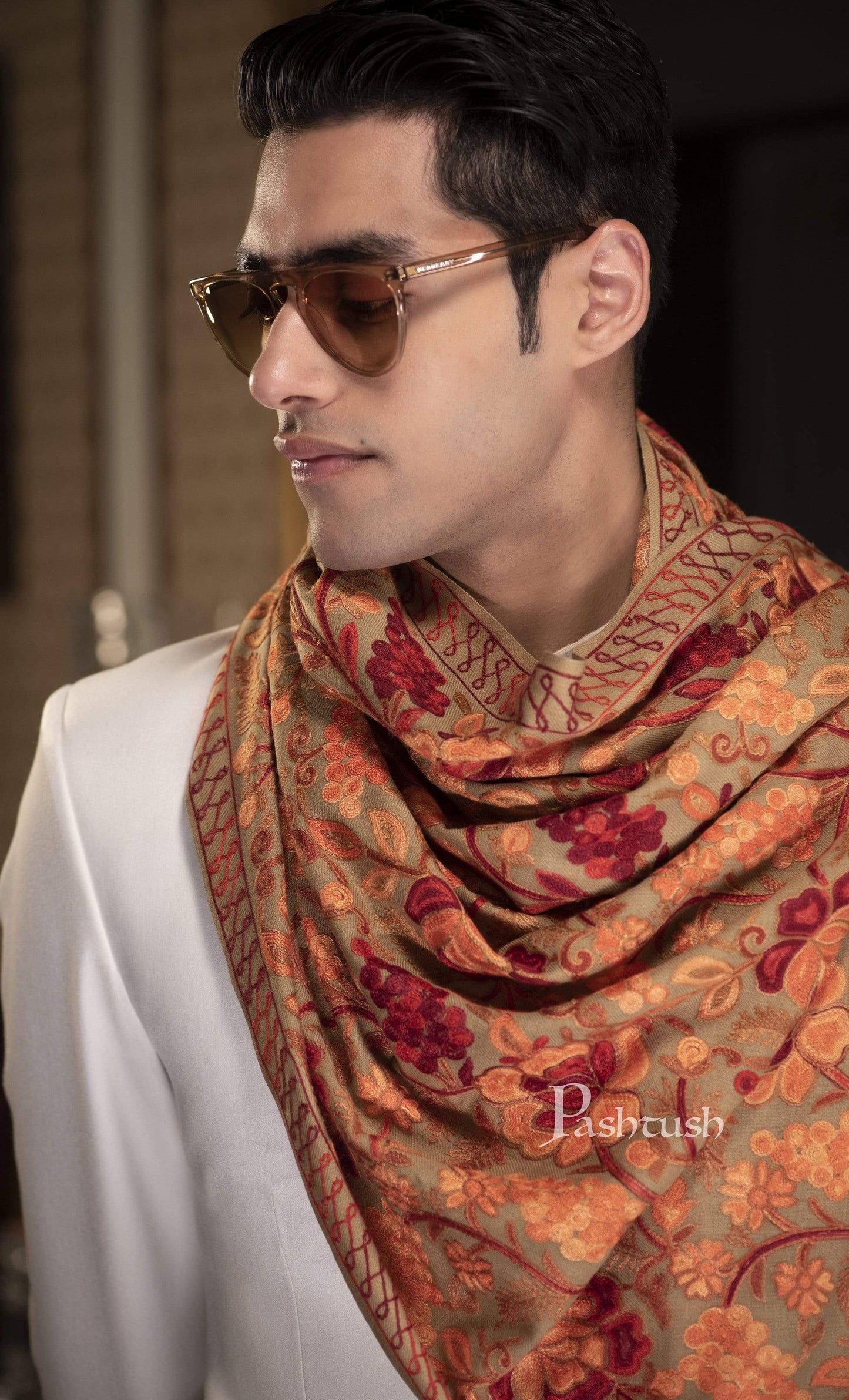 Pashtush India 70x200 Pashtush Kashmiri Mens Aari Embroidery Stole, Fine Wool, Beige
