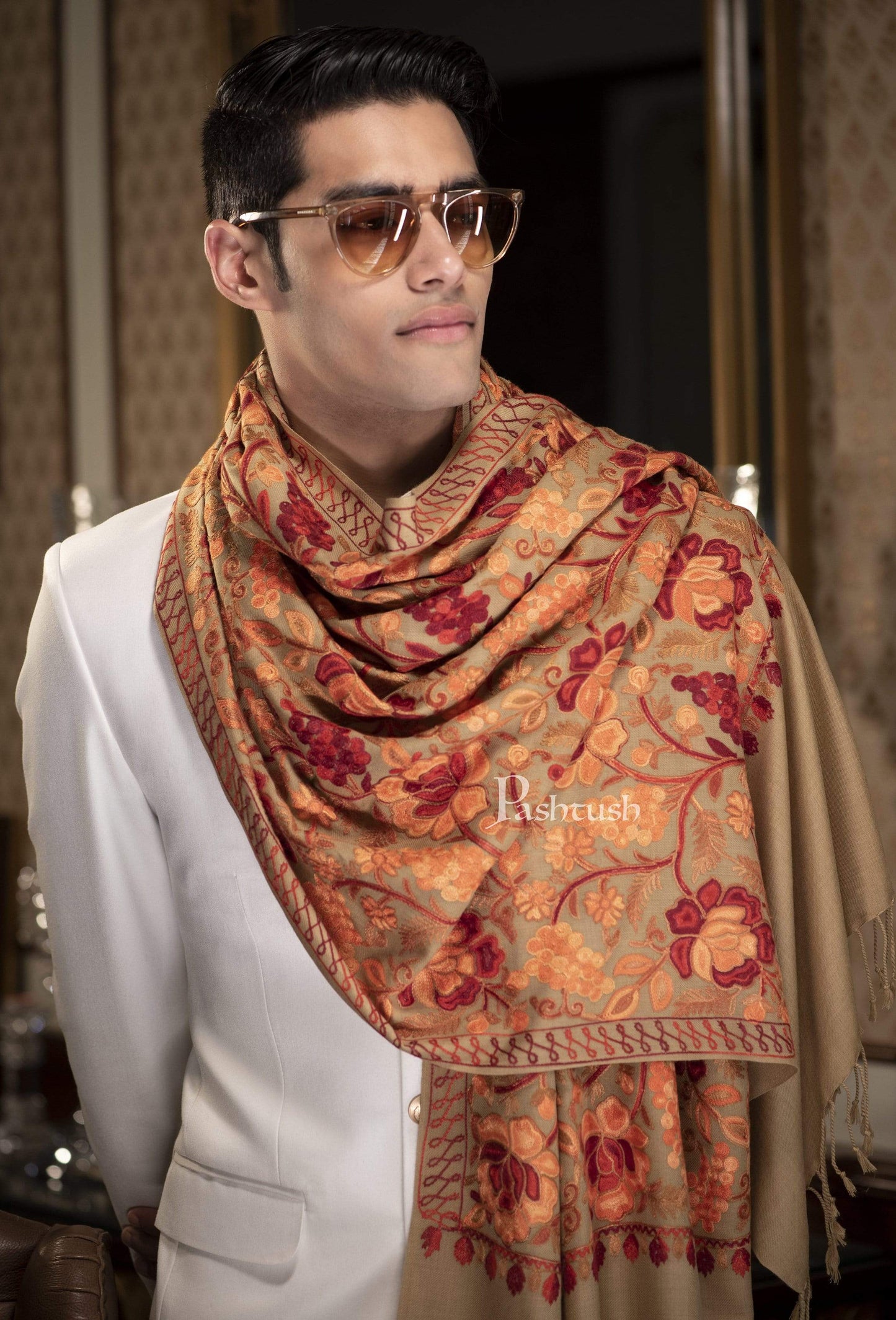 Pashtush India 70x200 Pashtush Kashmiri Mens Aari Embroidery Stole, Fine Wool, Beige
