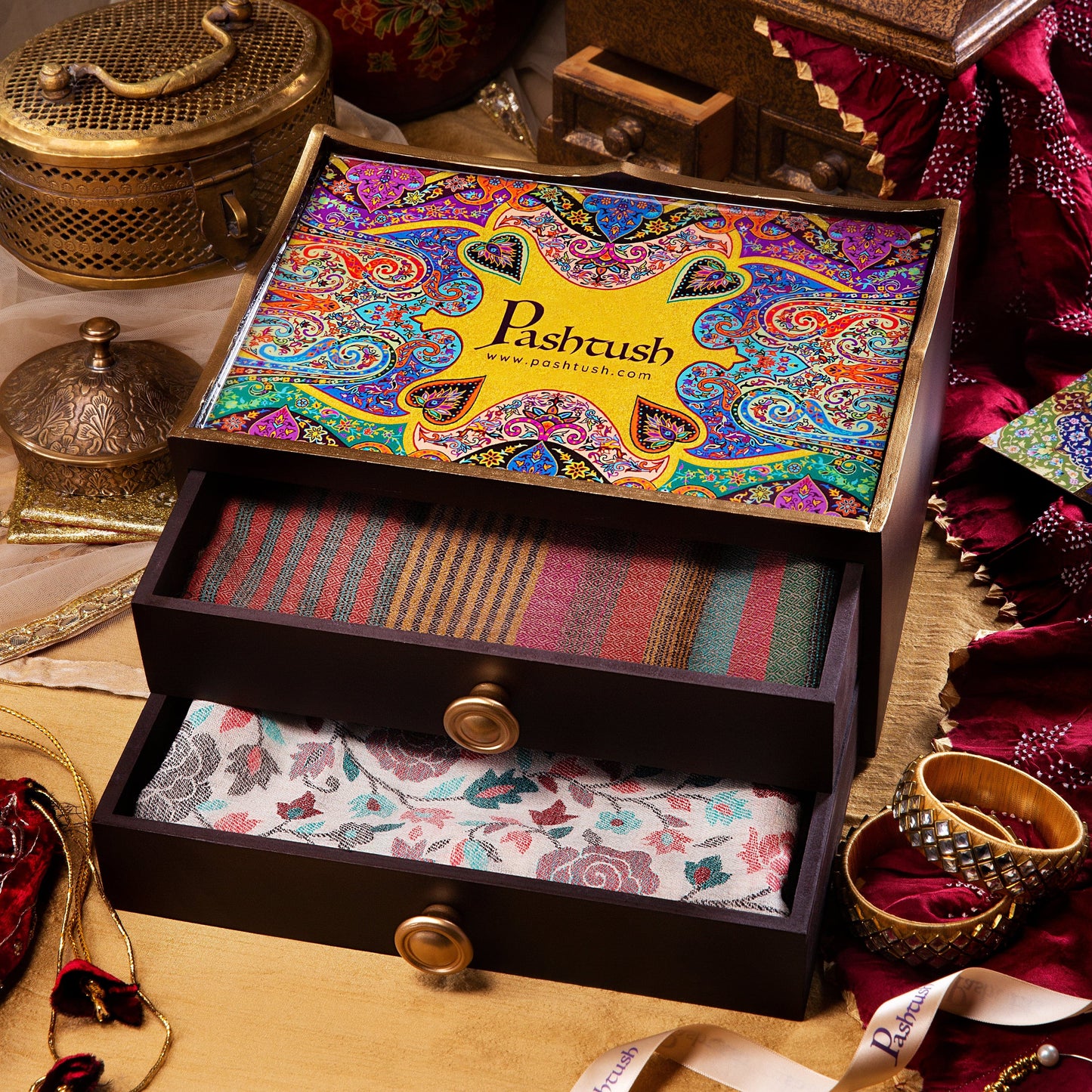 Pashtush India Box Pashtush Keepsake Wooden Double Chester Box, (Box Only)