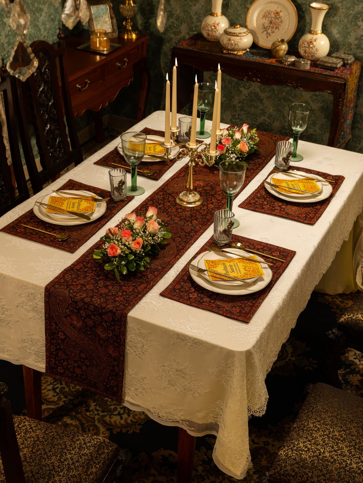 Pashtush India Gift Pack Pashtush Luxury Table Runner, Jamawar Collection, Espresso Brown