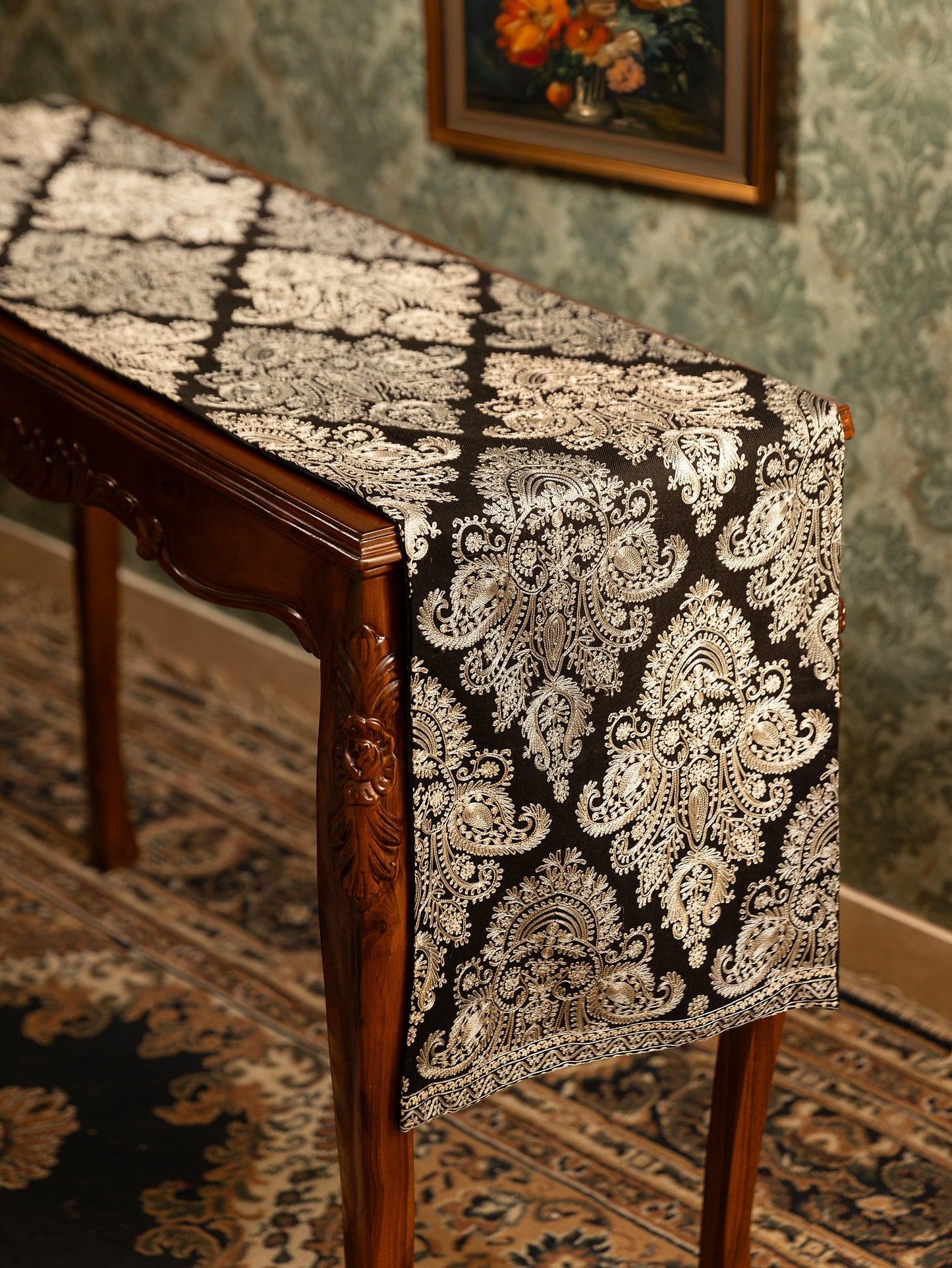 Pashtush India Gift Pack Pashtush Luxury Table Runner, Nalki Embroidery Collection, Black
