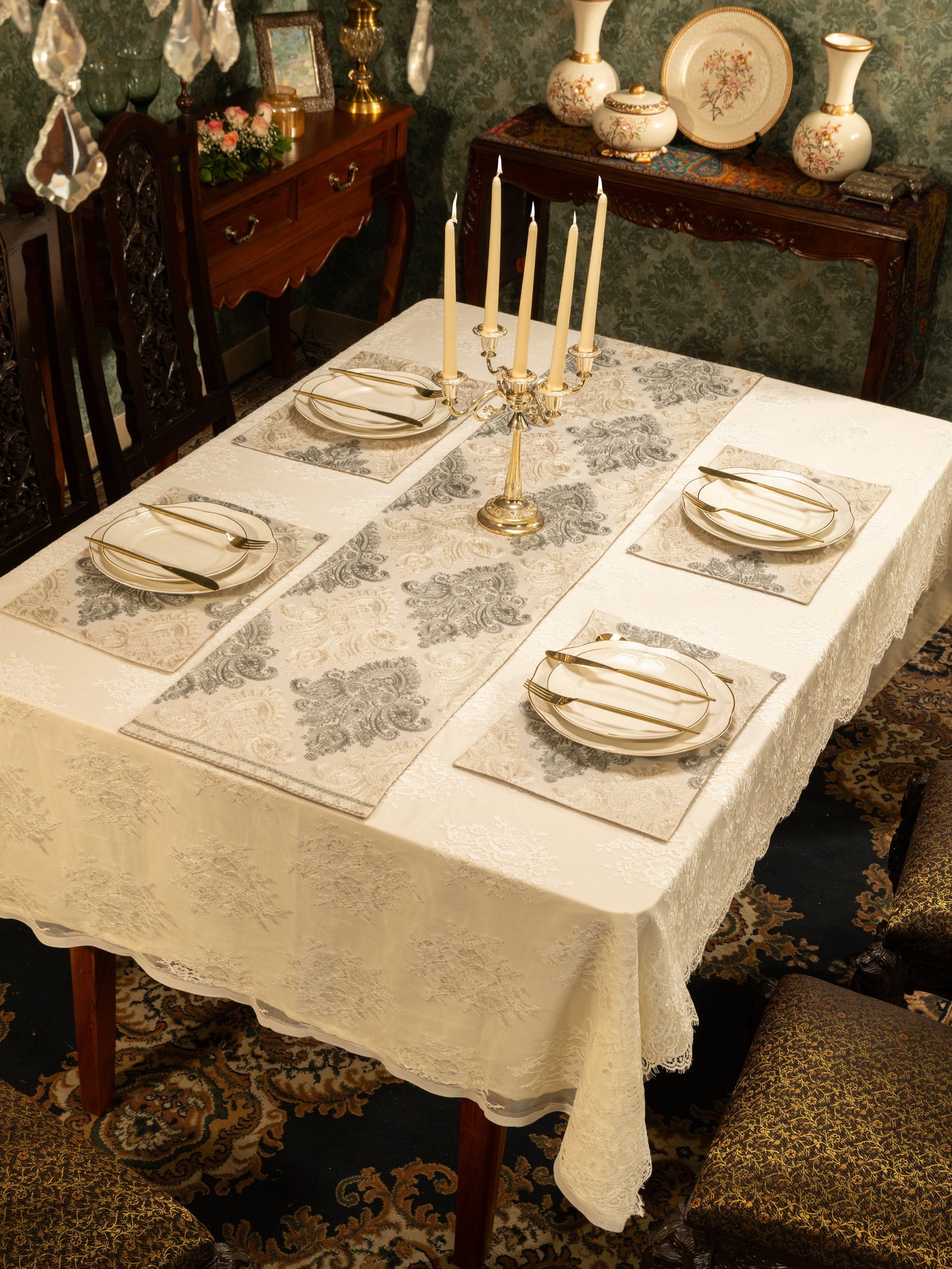 Pashtush India Gift Pack Pashtush Luxury Table Runner, Nalki Embroidery Collection, Ivory