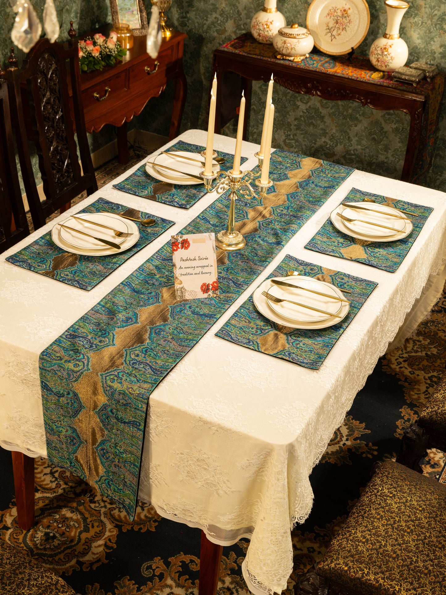Pashtush India Gift Pack Pashtush Luxury Table Runner, Twilight Collection, Arabic Sea Blue