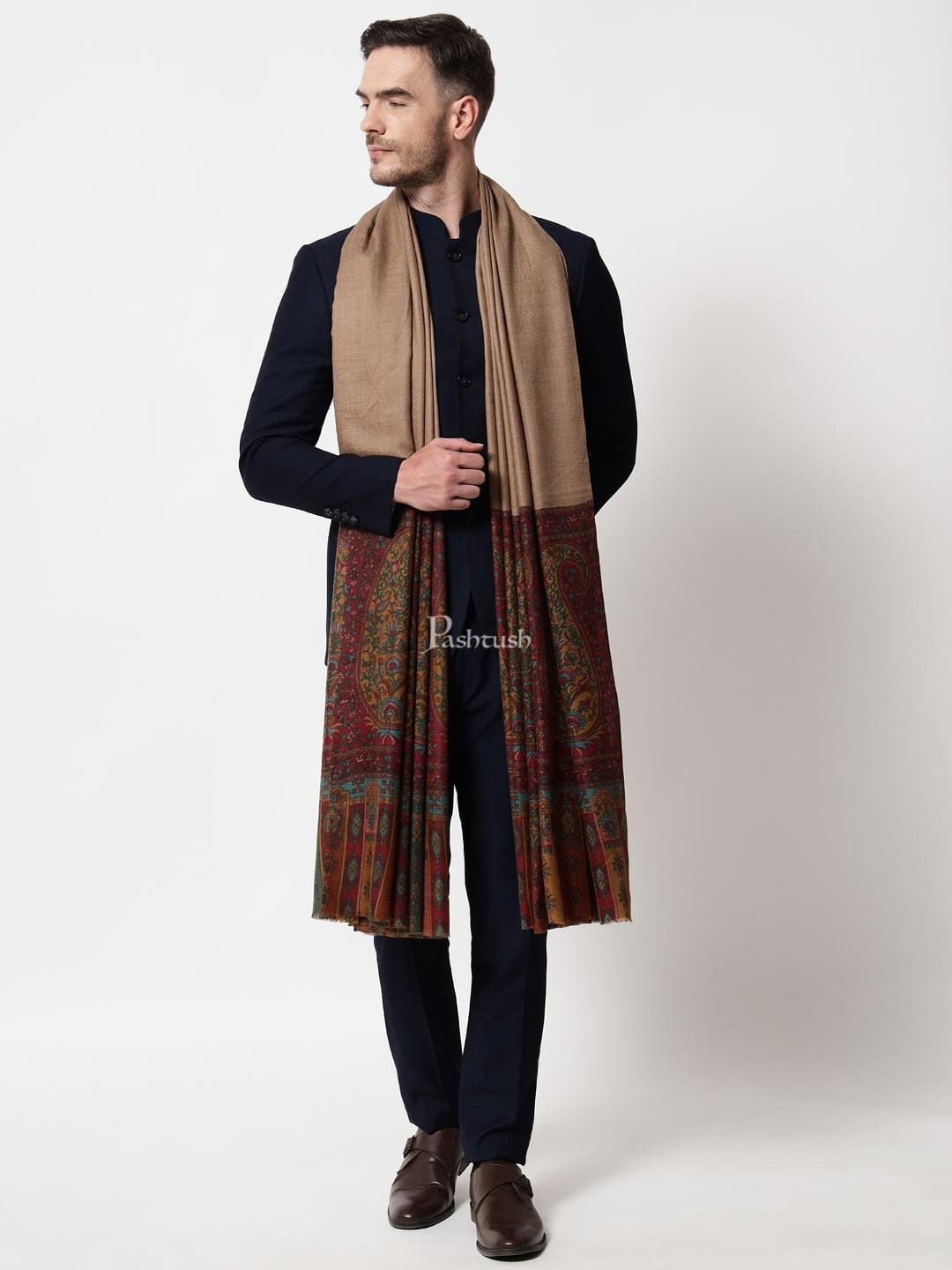 Pashtush India Mens Shawls Gents Shawl Pashtush men Extra Fine Wool Printed Palla shawl, Multicolour
