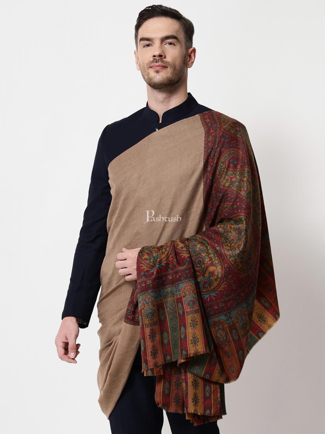 Pashtush India Mens Shawls Gents Shawl Pashtush men Extra Fine Wool Printed Palla shawl, Multicolour