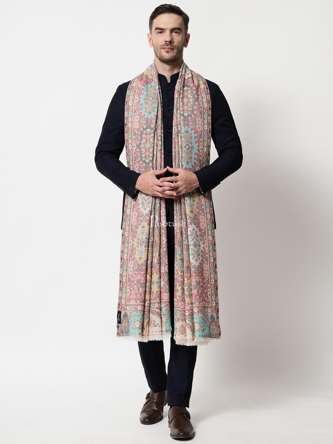 Pashtush India Mens Shawls Gents Shawl Pashtush men Extra Fine Wool shawl, Antique Weave, Ethnic Jamawar design, Ivory