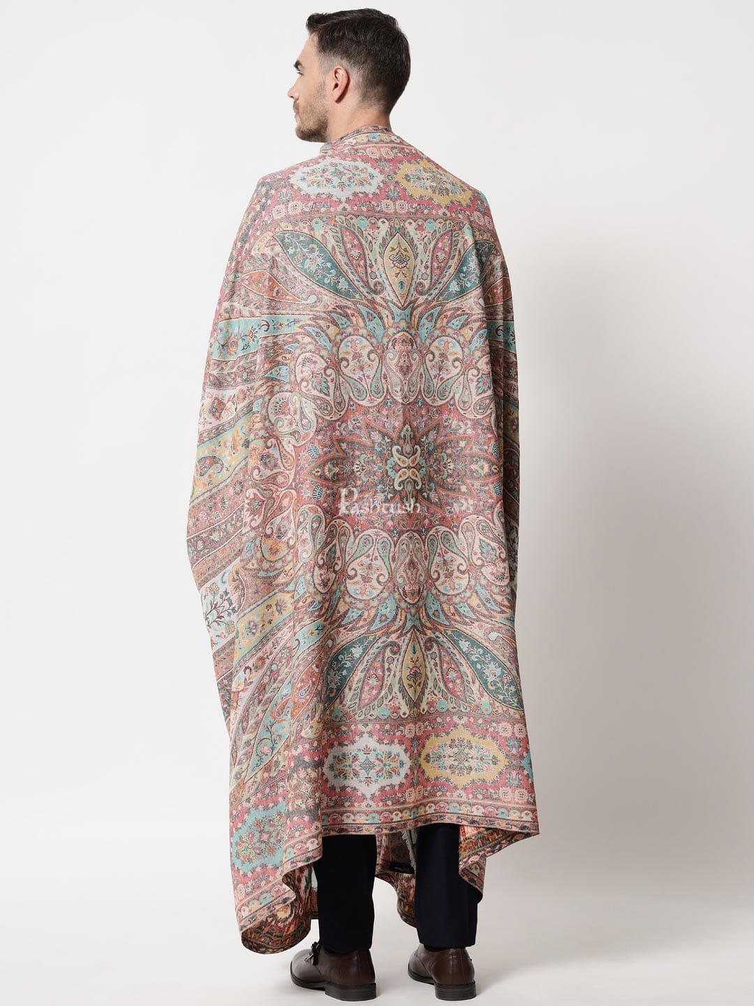 Pashtush India Mens Shawls Gents Shawl Pashtush men Extra Fine Wool shawl, Antique Weave, Ethnic Jamawar design, Ivory