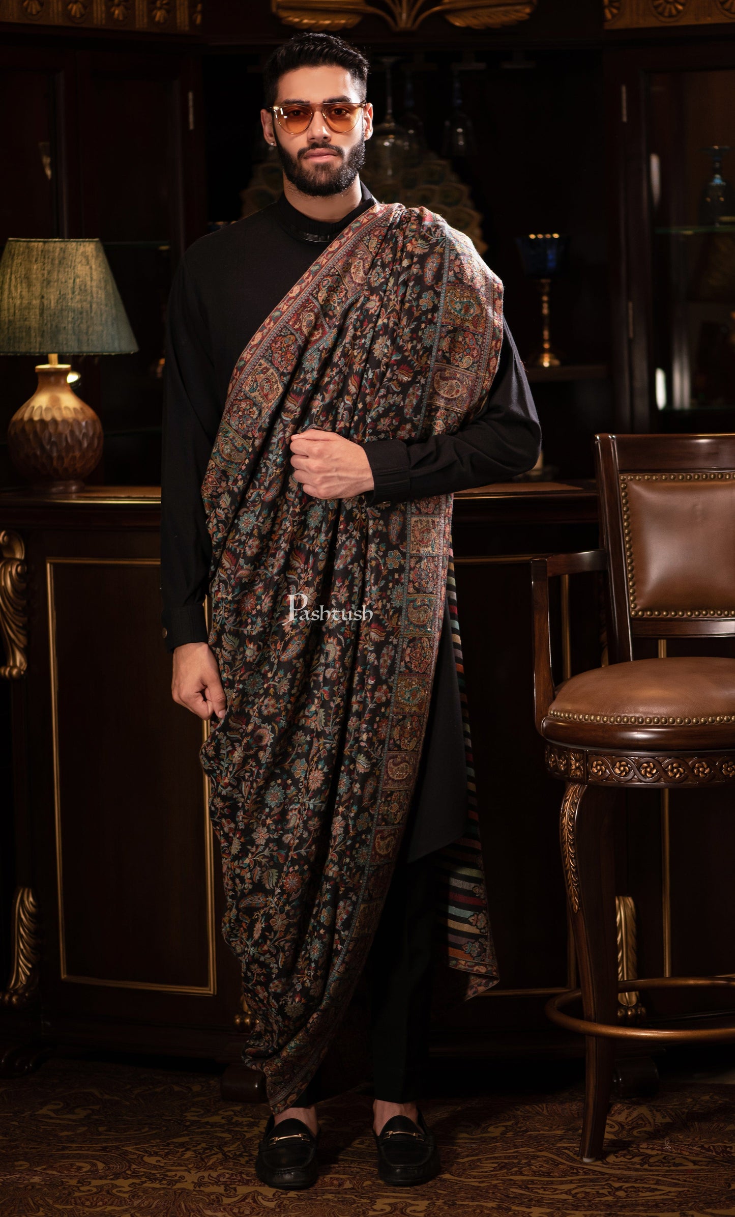 Pashtush India Mens Shawls Gents Shawl Pashtush men Extra Fine Wool shawl, ethnic design, Mens Lohi, Full size, Black