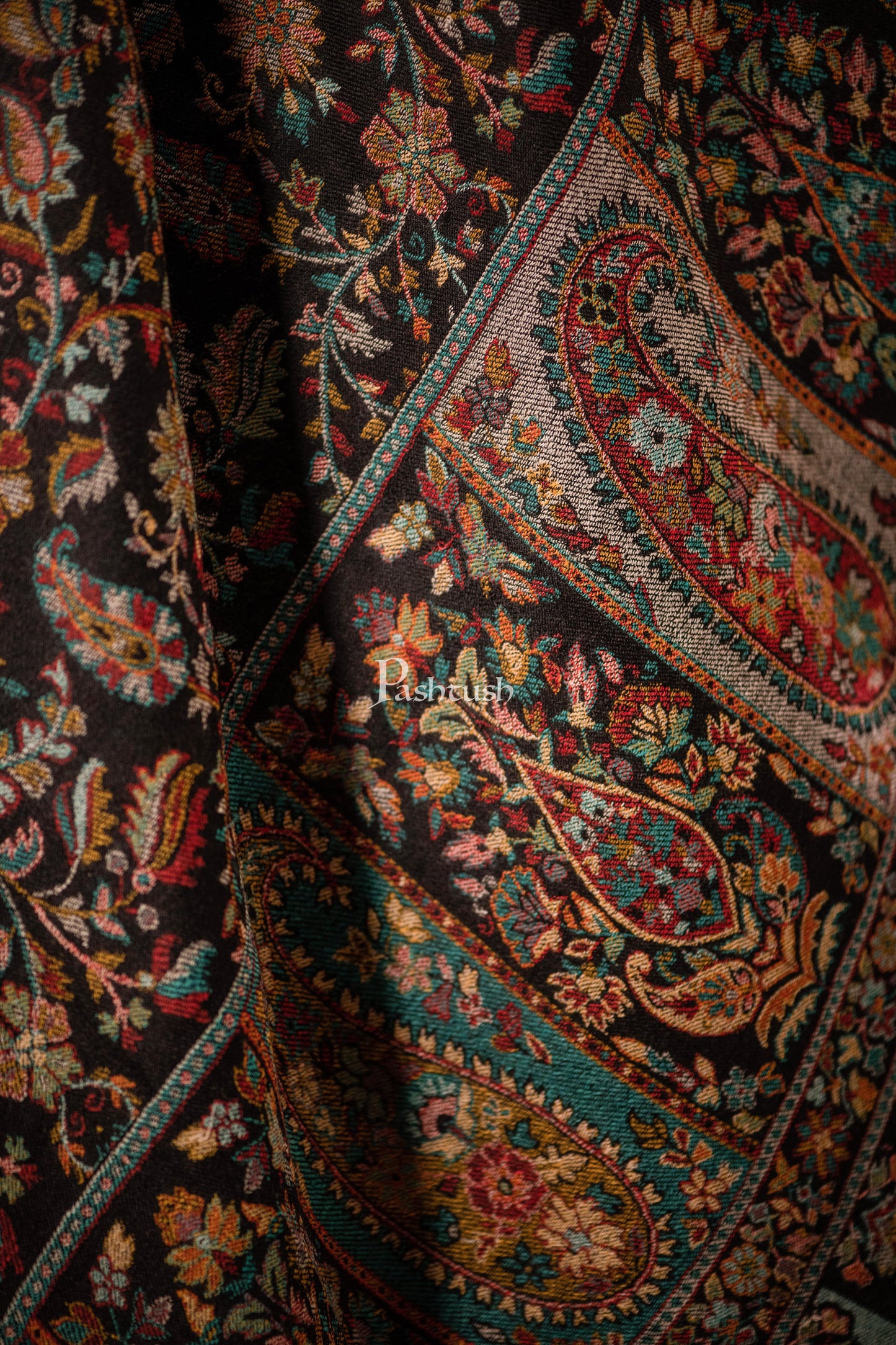 Pashtush India Mens Shawls Gents Shawl Pashtush men Extra Fine Wool shawl, ethnic design, Mens Lohi, Full size, Black