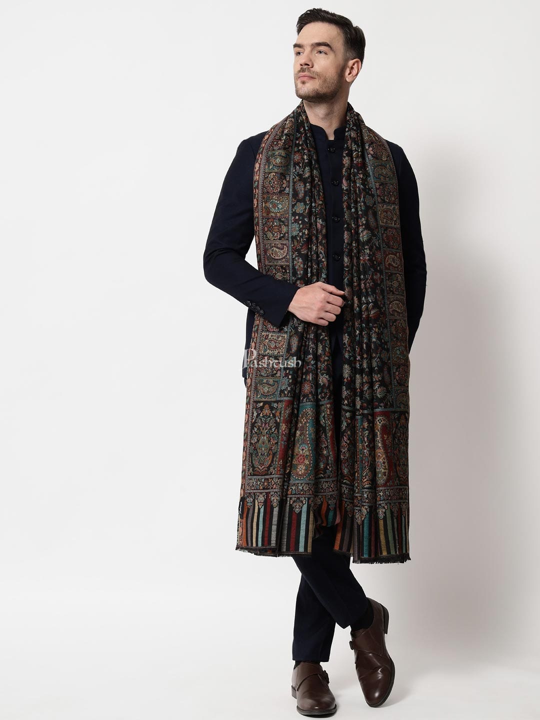 Pashtush India Mens Shawls Gents Shawl Pashtush men Extra Fine Wool shawl, ethnic design, Mens Lohi, Full size, Black