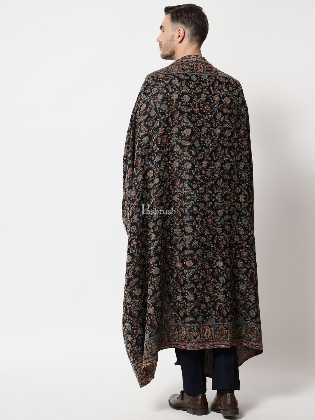 Pashtush India Mens Shawls Gents Shawl Pashtush men Extra Fine Wool shawl, ethnic design, Mens Lohi, Full size, Black