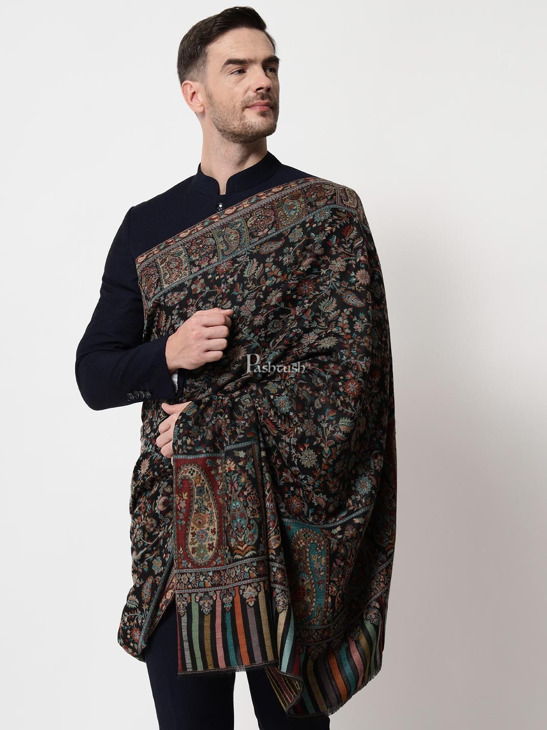 Pashtush India Mens Shawls Gents Shawl Pashtush men Extra Fine Wool shawl, ethnic design, Mens Lohi, Full size, Black