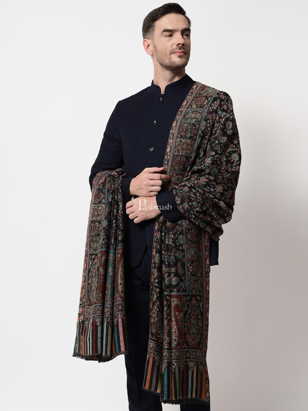 Pashtush India Mens Shawls Gents Shawl Pashtush men Extra Fine Wool shawl, ethnic design, Mens Lohi, Full size, Black