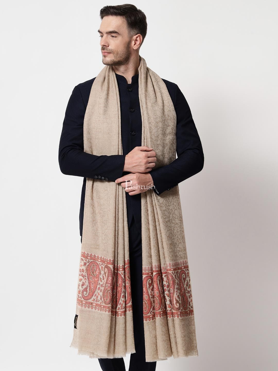 Pashtush India Mens Shawls Gents Shawl Pashtush men Extra Fine Wool shawl, Ethnic Palla design, Beige
