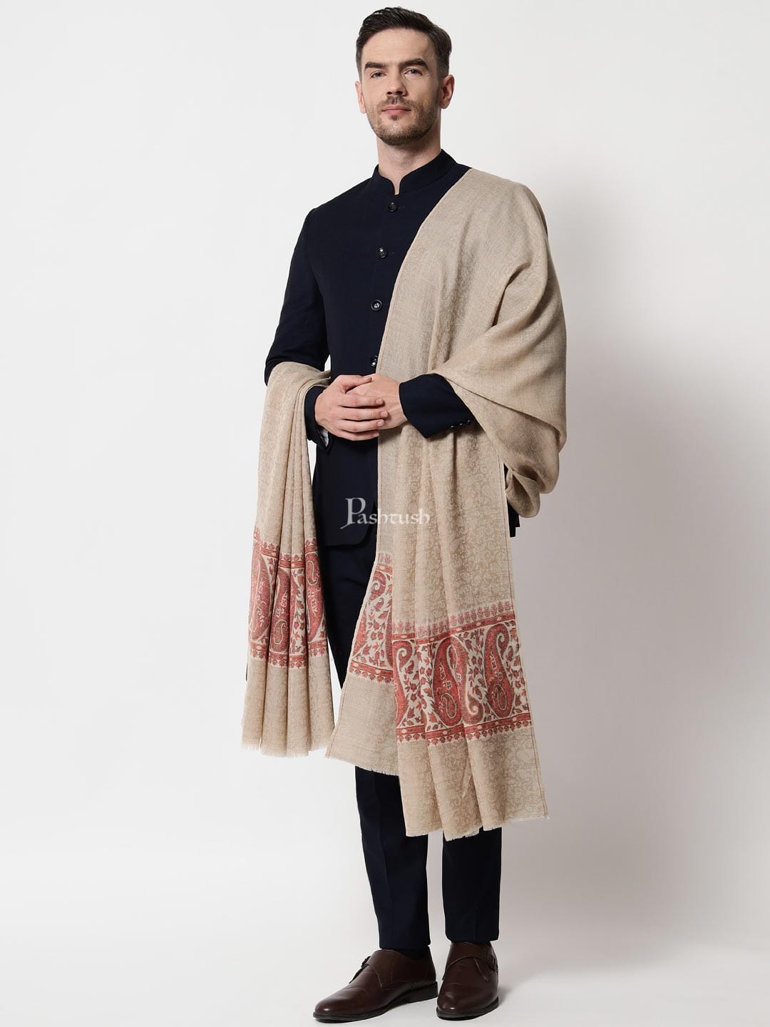 Pashtush India Mens Shawls Gents Shawl Pashtush men Extra Fine Wool shawl, Ethnic Palla design, Beige
