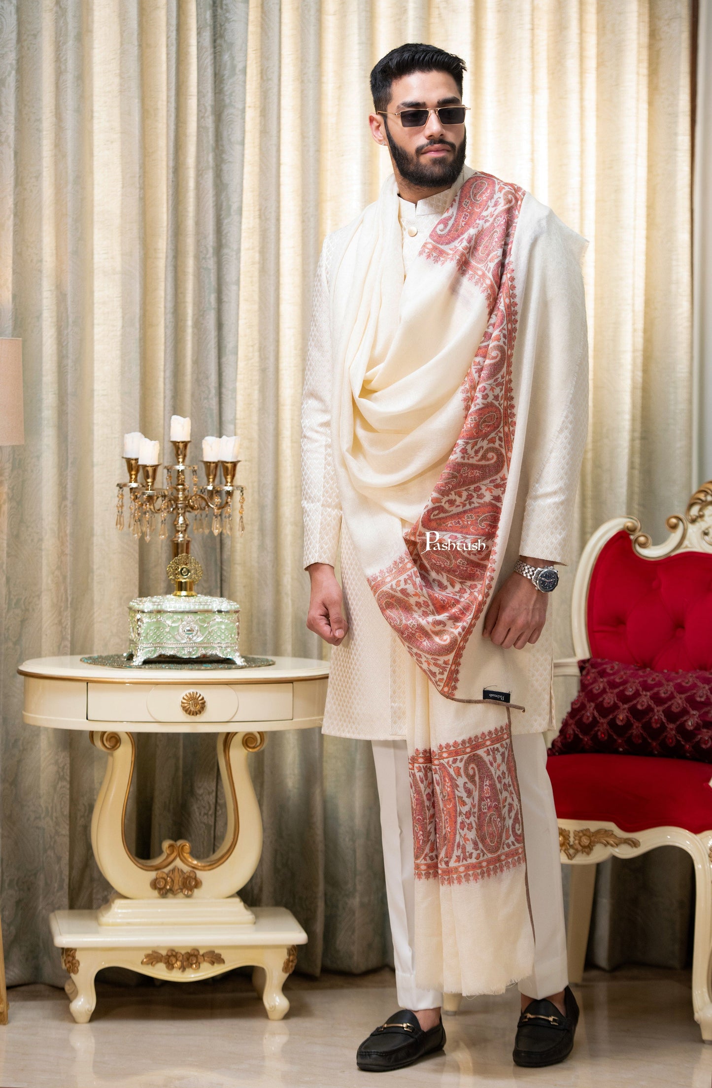 Pashtush India Mens Shawls Gents Shawl Pashtush men Extra Fine Wool shawl, Ethnic Palla design, Ivory