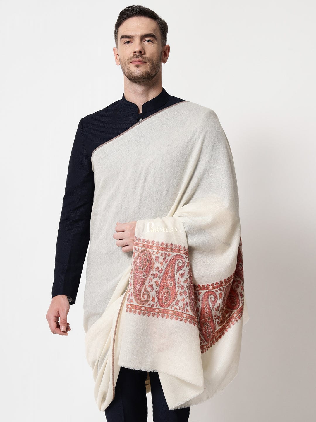 Pashtush India Mens Shawls Gents Shawl Pashtush men Extra Fine Wool shawl, Ethnic Palla design, Ivory