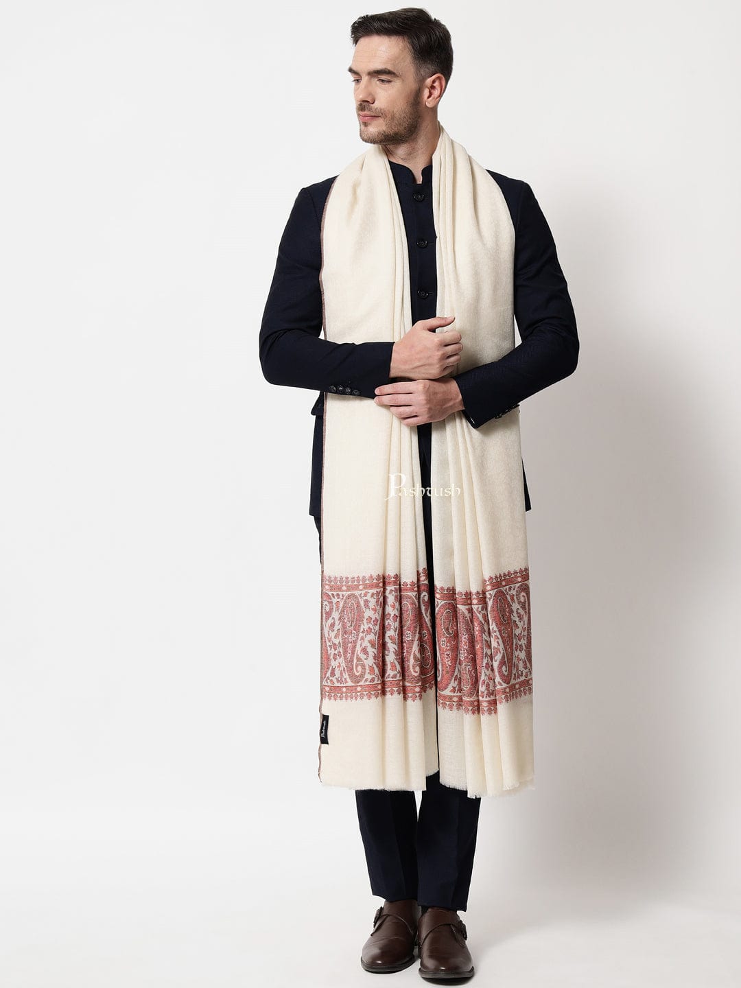 Pashtush India Mens Shawls Gents Shawl Pashtush men Extra Fine Wool shawl, Ethnic Palla design, Ivory