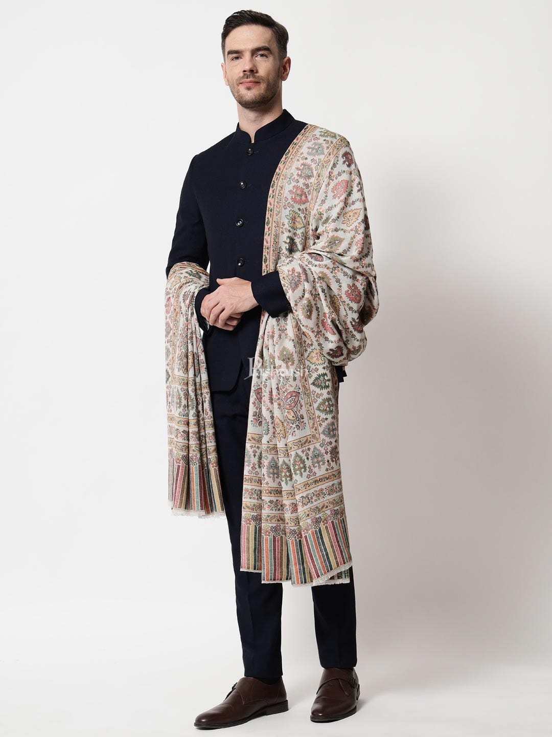 Pashtush India Mens Shawls Gents Shawl Pashtush men Extra Fine Wool shawl, Ethnic weave design, Ivory