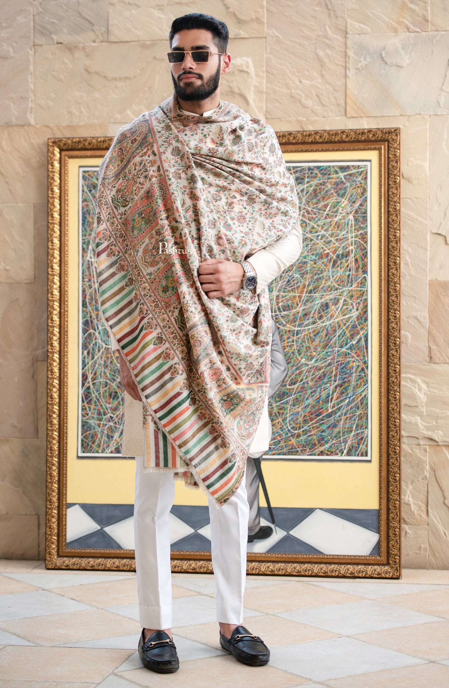 Pashtush India Mens Shawls Gents Shawl Pashtush men Extra Fine Wool shawl, Ethnic Weave, Full Size, Ivory