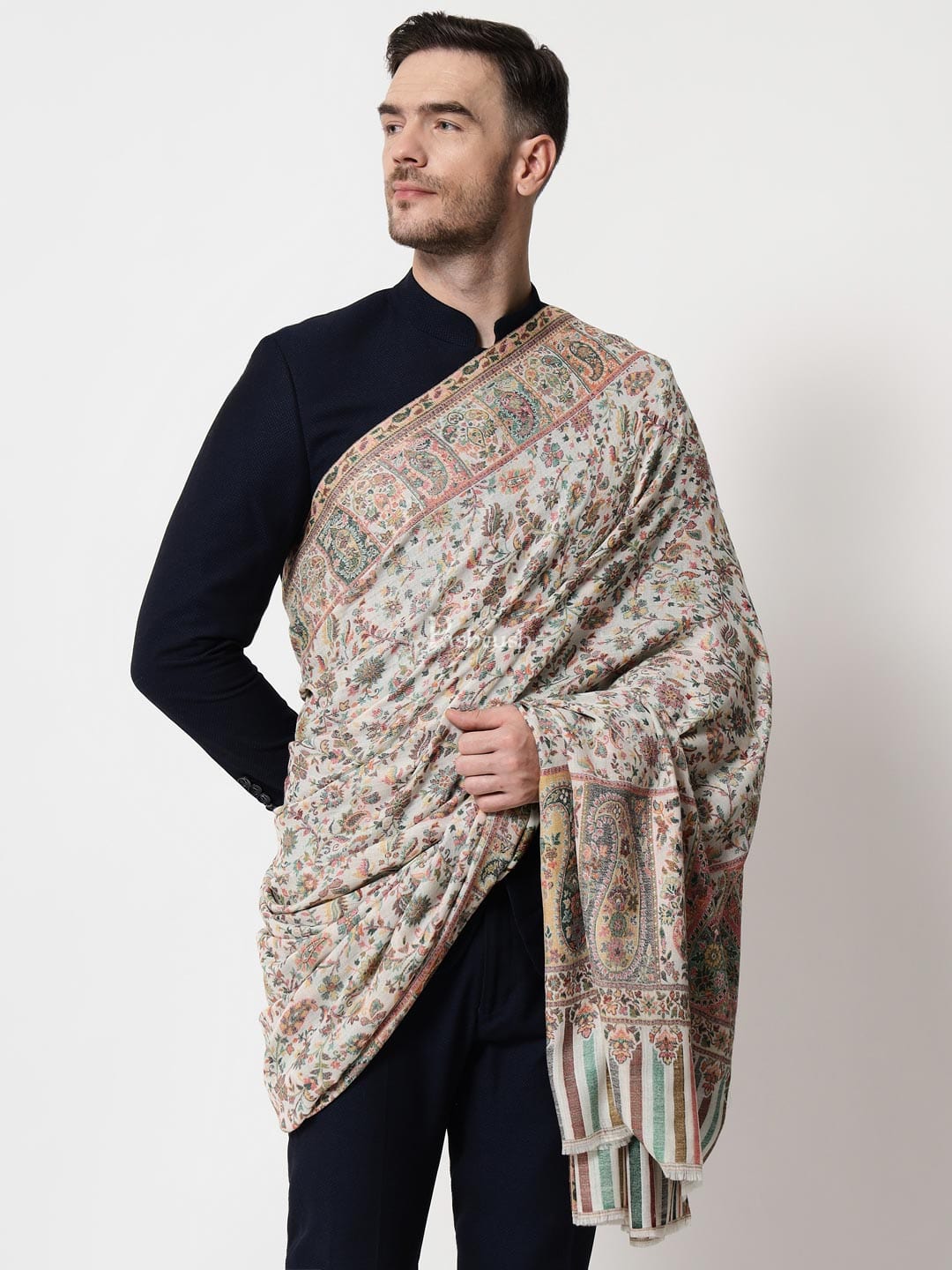 Pashtush India Mens Shawls Gents Shawl Pashtush men Extra Fine Wool shawl, Ethnic Weave, Full Size, Ivory