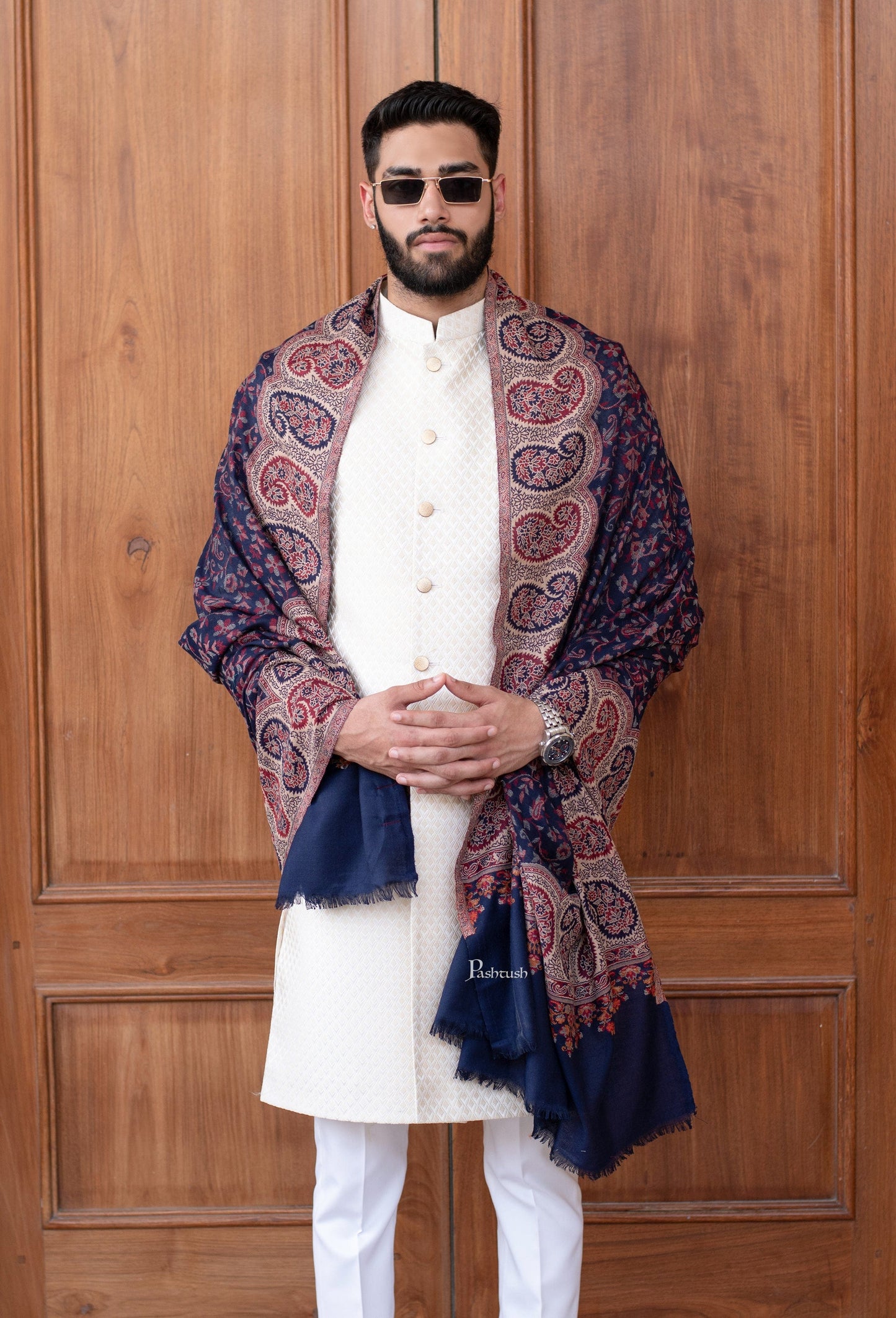Pashtush India Mens Scarves Stoles and Mufflers Pashtush men Faux Pashmina stole, Ethnic design, Blue