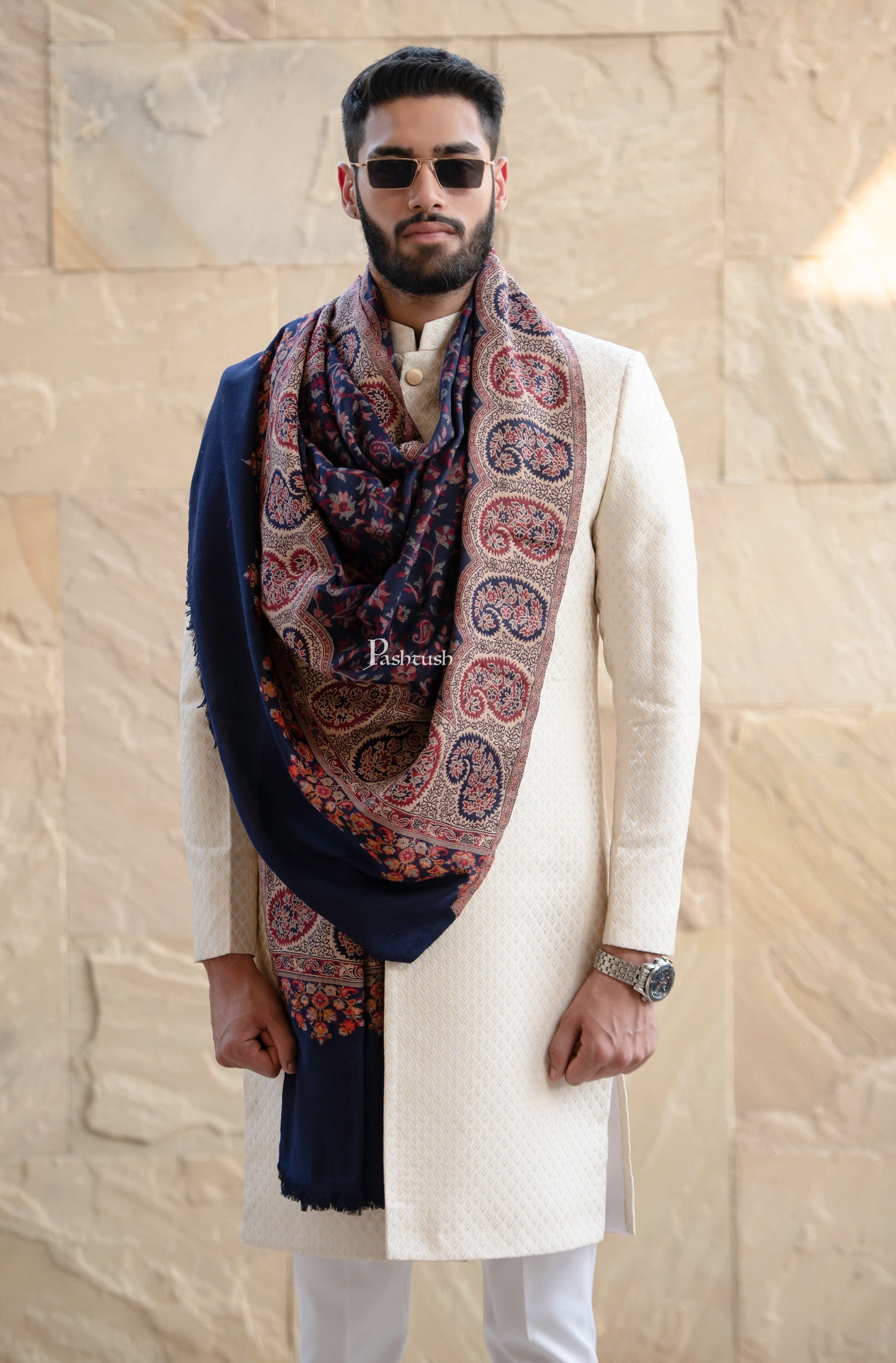 Pashtush India Mens Scarves Stoles and Mufflers Pashtush men Faux Pashmina stole, Ethnic design, Blue