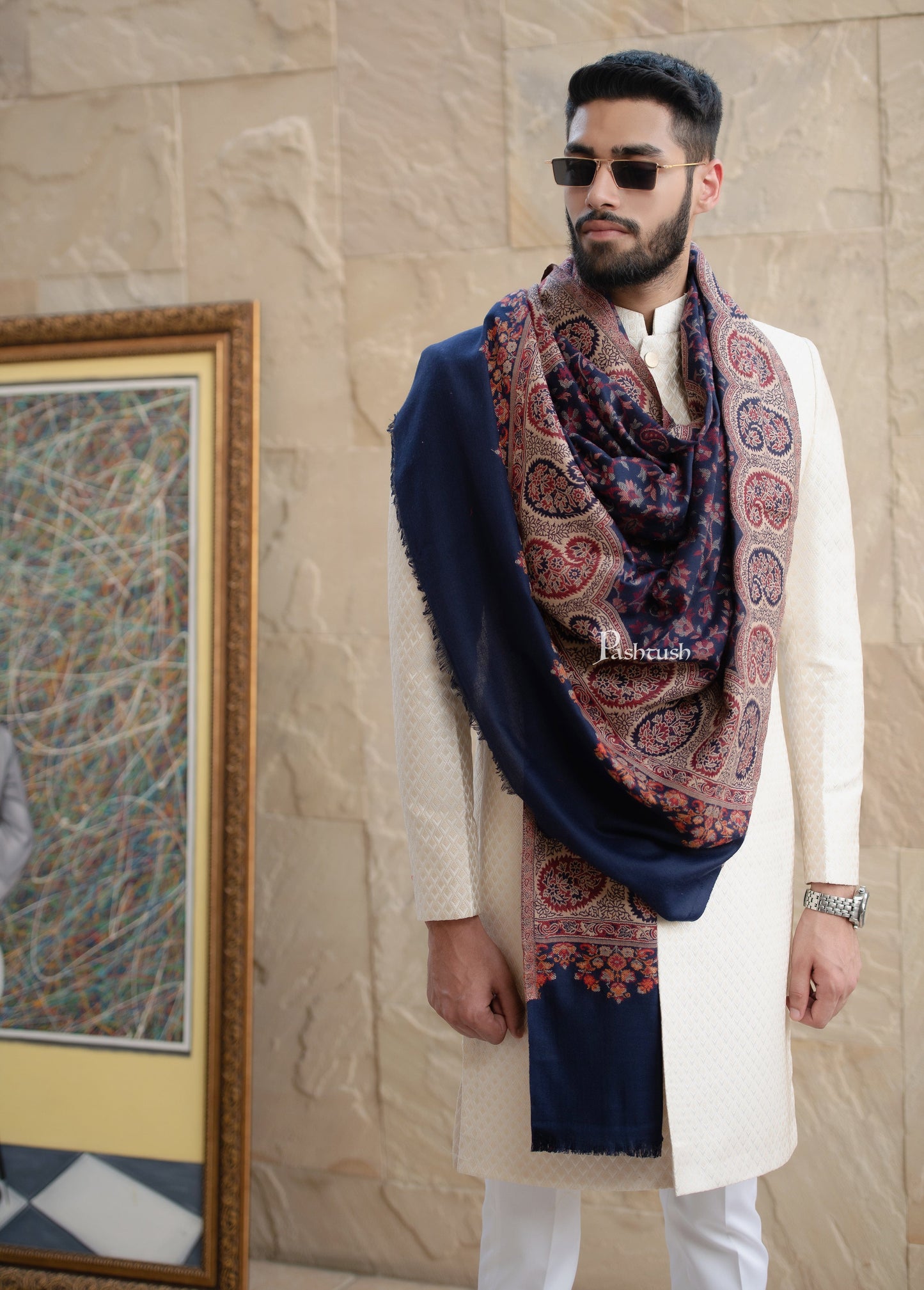 Pashtush India Mens Scarves Stoles and Mufflers Pashtush men Faux Pashmina stole, Ethnic design, Blue