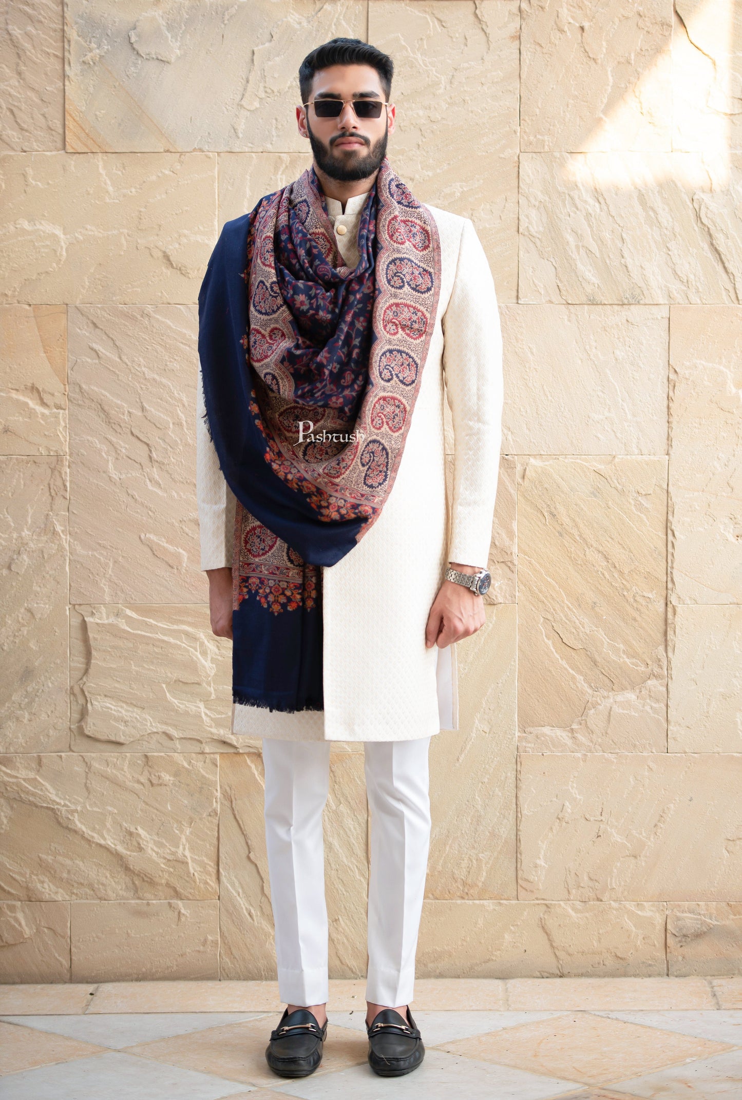 Pashtush India Mens Scarves Stoles and Mufflers Pashtush men Faux Pashmina stole, Ethnic design, Blue