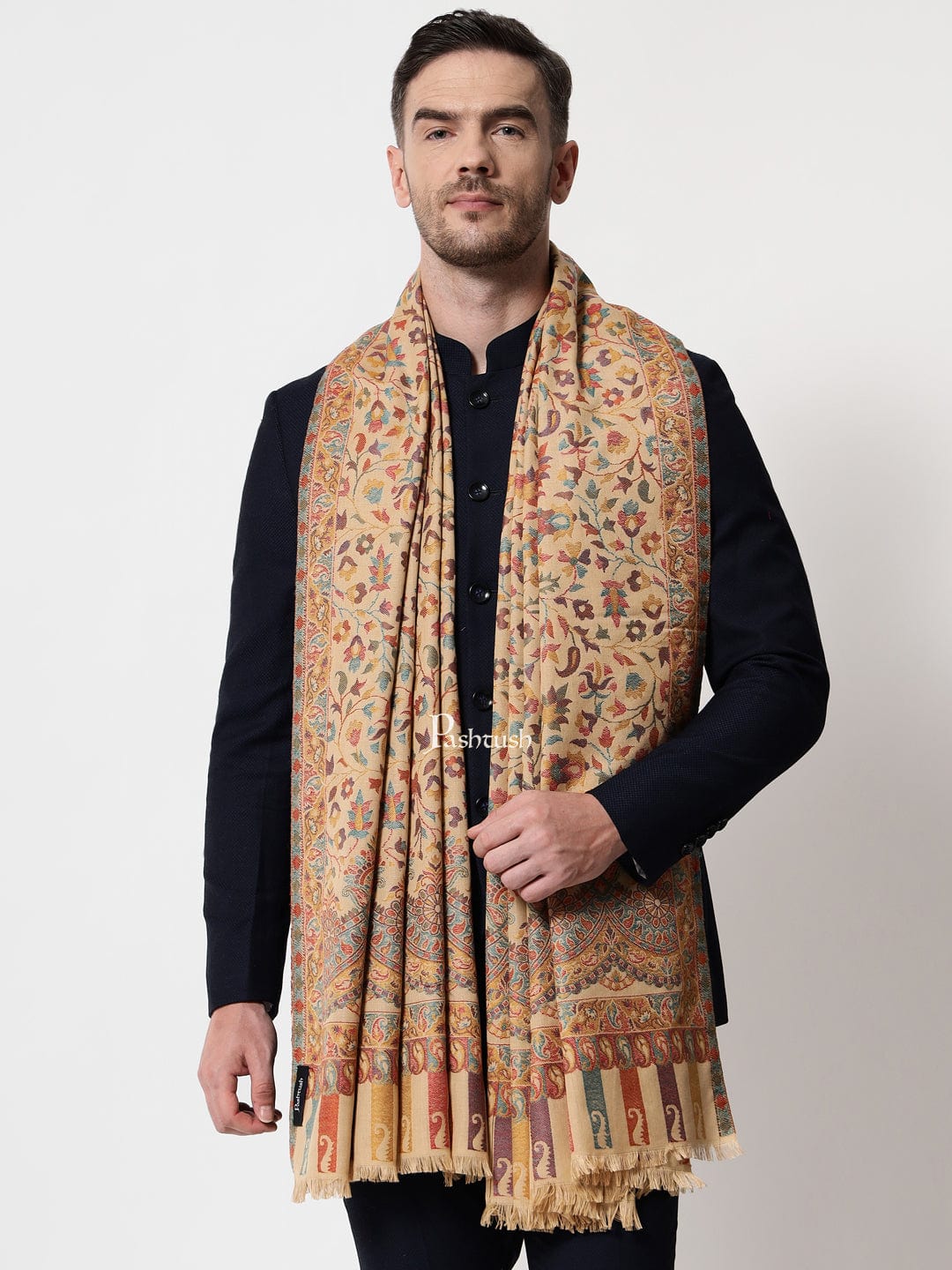 Pashtush India Mens Scarves Stoles and Mufflers Pashtush men Faux Pashmina stole, Ethnic weave design, Beige