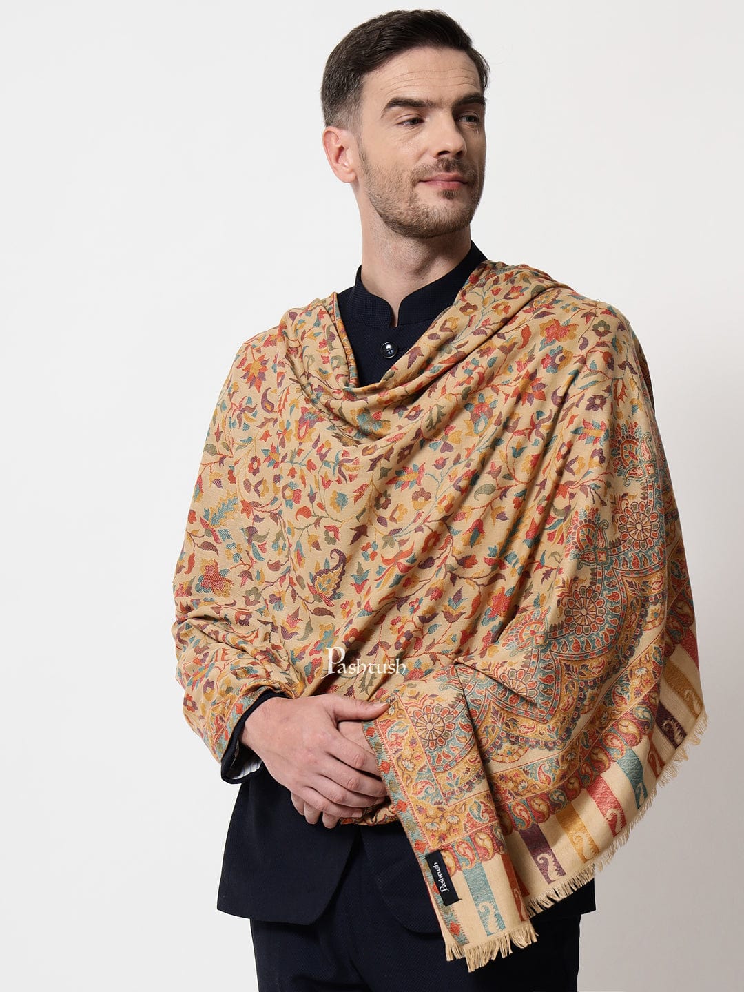 Pashtush India Mens Scarves Stoles and Mufflers Pashtush men Faux Pashmina stole, Ethnic weave design, Beige
