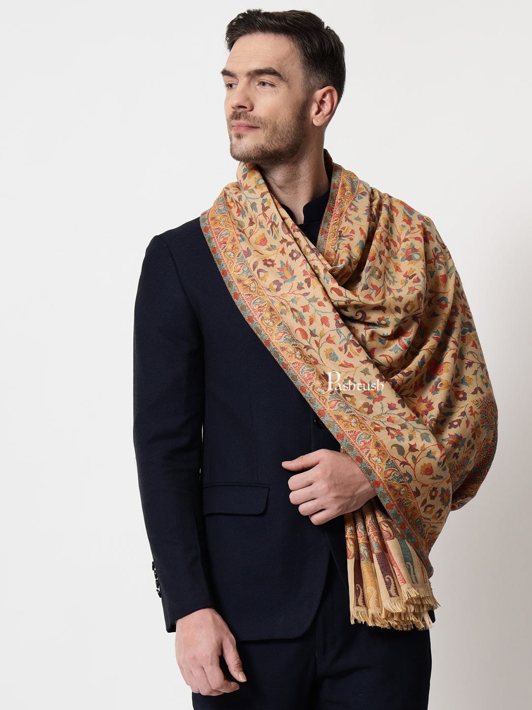 Pashtush India Mens Scarves Stoles and Mufflers Pashtush men Faux Pashmina stole, Ethnic weave design, Beige