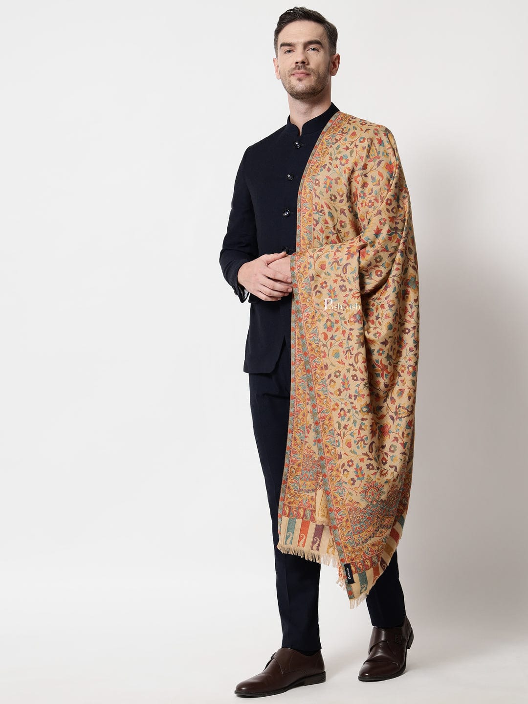 Pashtush India Mens Scarves Stoles and Mufflers Pashtush men Faux Pashmina stole, Ethnic weave design, Beige