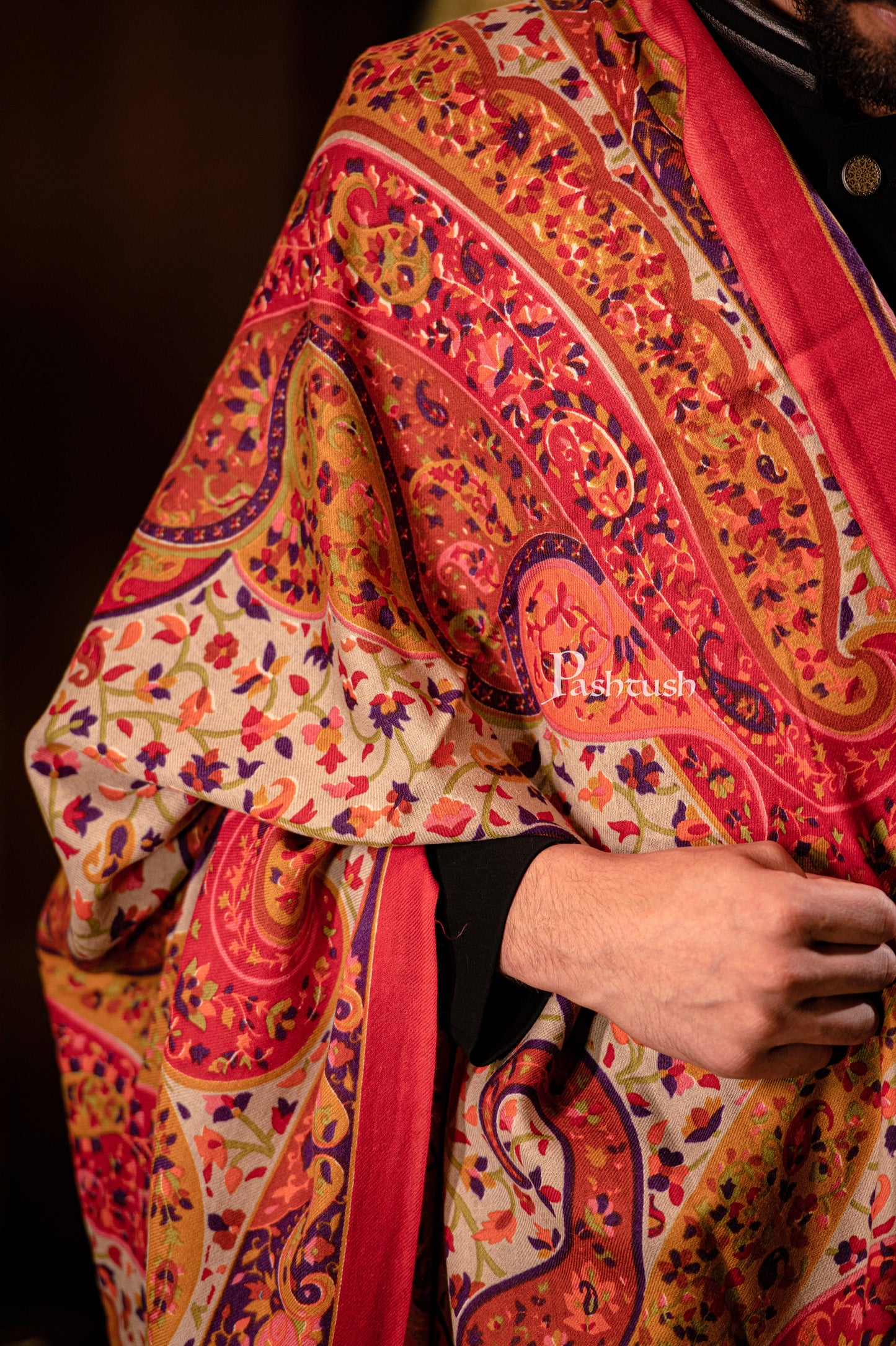 Pashtush India Mens Shawls Gents Shawl Pashtush men Fine Wool, Printed Paisley design, Multicolour