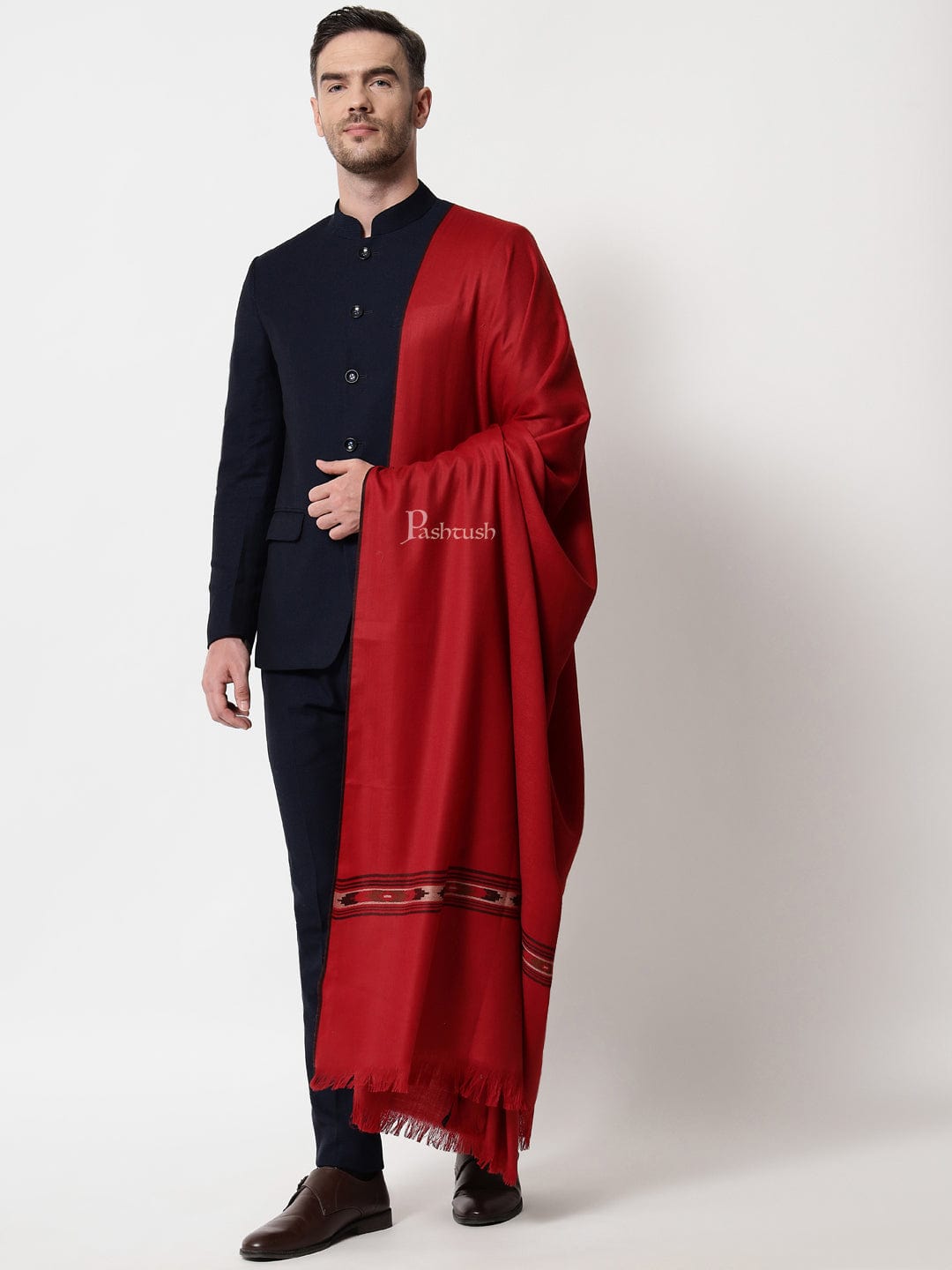 Pashtush India Mens Shawls Gents Shawl Pashtush men Fine Wool shawl, Aztec design, Mens Full Size, Maroon