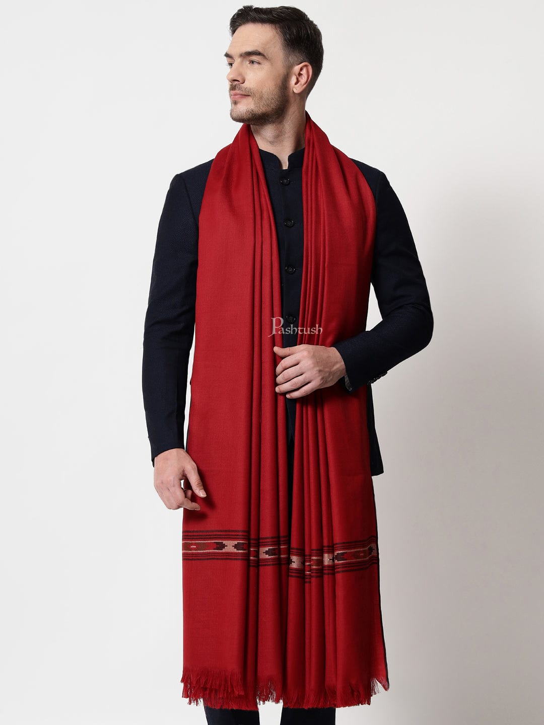 Pashtush India Mens Shawls Gents Shawl Pashtush men Fine Wool shawl, Aztec design, Mens Full Size, Maroon