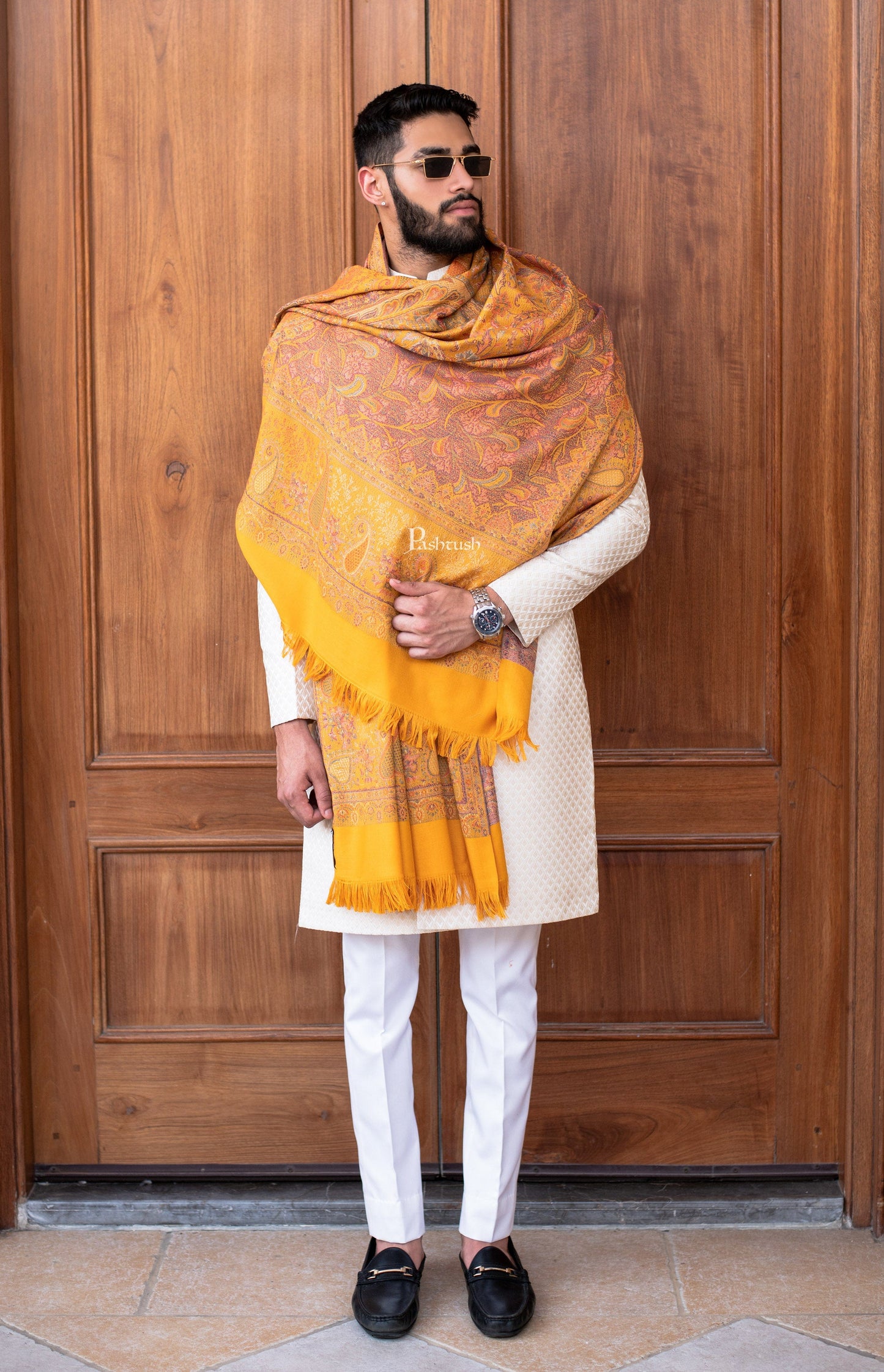 Pashtush India Mens Shawls Gents Shawl Pashtush men Fine Wool shawl, Ethnic design, Mustard